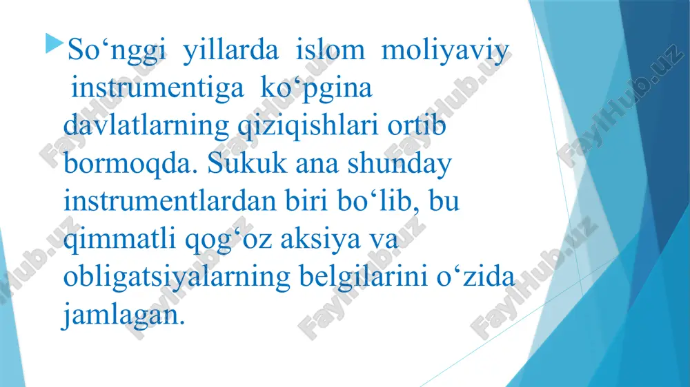 ta’minlash va qayta tiklanadigan energiya resurslarini yaratish orqali insonlarning talab va ehtiyojlarini qondirishga qaratilgan loyihalarni moliyalashtirish bugungi kunning dolzarb mavzulariga aylanib bo‘lgan. prezident shavkat mirziyoyev 2020 yil dekabr oyida oliy majlisga qilgan murojaatida o‘zbekistonda islom moliyasini joriy qilish vaqti kelganini ta’kidlagan edi. o‘zbekistonda islom moliyasining joriy etilishi moliya bozorining diversifikatsiyalanishiga, inklyuziv moliya bozorining rivojlanishiga, moliyalashtirish manbalarining ortishiga, investitsiyalarning ko‘payishiga sabab bo‘ladi. natijada islom moliyasi mahsulotlaridan bo‘lmish sukuk qimmatli qog‘ozlarini joriy etish orqali transport va logistika, energetika, qurilish, tog‘-kon metallurgiya, xususiy sektor va boshqa sohalarni moliyalashtirish imkoniyatlari vujudga keladi. sukuk (islom obligatsiyalari) va shariatga muvofiq qimmatli qog‘ozlar kabi vositalarni oʻz ichiga olgan islomiy qimmatli qog‘ozlar bozori axloqiy va foizsiz moliyalashtirish tamoyillariga rioya qilgan holda islom investorlari uchun muqobil investitsiya yoʻllarini taqdim etishga intiladi. islomiy qimmatli qog‘ozlar bozori oʻziga xos xususiyatlar toʻplamini taqdim etadi, ya’ni, risklarni taqsimlashga, aktivlarni qoʻllab-quvvatlashga va spekulyativ operatsiyalardan qochishga urg‘u beradi. bu tamoyillar uni an'anaviy qimmatli qog‘ozlar bozorlaridan …