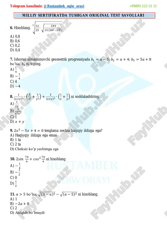 𝐵𝐷 bissektrisa 2√2 ga teng bo’lsa, 𝐴𝐵𝐶 uchburchak yuzini toping. a) 2√3 b) 2√2 c) 3√2 d) 3√3 27. diagonallar soni tomonlar sonidan 6 marta ko’p bo’lgan ko’pburchakning ichki burchaklar yig’indisini toping. a) 2700° b) 1800° c) 2340° d) 2400° 16 12 𝑥 𝐴 𝐵 𝐶 𝐸 𝐹 20 https://t.me/rustambek_oqiw_orayi telegram kanalimiz: @rustambek_oqiw_orayi +99894 123 51 51 milliy sertifikatda tushgan original test savollari 28. rombning katta diagonali 10√4 + 2√2 ga teng o’tkir burchagi 450 bo’lsa, diagonallari kesishish nuqtasidan tomonlarigacha bo’lgan eng qisqa masofalar yig’indisini toping. a) 10 b) 20 c) 15 d) 25 29. ∫ 2𝑥2|2𝑥| 𝑑𝑥 4 −3 ni hisoblang. a) 187 b) 175 c) 337 d) 222 30. 𝐴𝐵𝐶 uchburchakning yuzi 60 ga teng. 𝐵𝐸⃗⃗⃗⃗ ⃗ = 𝐴𝐵⃗⃗⃗⃗ ⃗ bo’lsa, 𝐴𝐸𝐶 uchburchakning yuzini toping. a) 120 b) 90 c) 60 d) 30 31. (𝐴 ∩ 𝐵) ∪ (𝐴 ∪ 𝐵)′ ning elementlar sonini toping. a) 5 b) …
