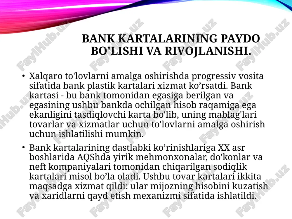 i bilan operatsiyalarni rivojlantirishning muhim davri 1958 yil bo'lib, amerikaning eng yirik bank of america va chase manhattan bank moliyaviy vositachilari operatsiyalarni amalga oshirishni boshladilar. ammo kartalarga xizmat ko'rsatish tarmog'ining rivojlanmaganligi ko'plab banklar uchun muammoga aylandi. 1966 yilda bank of america boshqa banklarga karta operatsiyalarini litsenziyalashni boshladi. bu ko'plab banklarning qarshiligiga duch keldi va bir nechta yirik banklar o'zlarining banklararo kartalar uyushmasini yaratdilar. 1969 yilda ushbu uyushma o'zining master charge kartalarini chiqara boshladi. bank americard kartalarini chiqargan banklar bank of americani karta ma'lumotlari tizimini boshqarishdan voz kechishga majbur qildi. 1970 yilda ular national bank americard incni yaratdilar. shunday qilib, 1970 yillarda aqshda asosiy raqobatchilar bo'lgan ikkita yirik uyushma tuzildi: interbank cards association va national bank americard inc. american express bozorda so‘zsiz yetakchi bo‘lib qoldi va bu yetakchilik bankdan tashqari kartalar bozorida saqlanib qoldi. xorijiy tasnifdagi toʻlov kartalari chiqarilishining boshidanoq bozorning ushbu segmenti ikki turdagi kartalarga boʻlingan: bank kartalari; sayohat va …