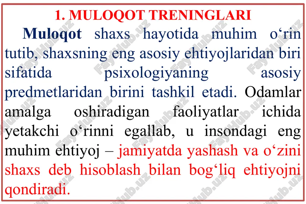 akt o‘rnatish bosqichi. kontakt o‘rnatish bosqichi. bunda har bir ishtirokchi “qarshimdagi odam kim?” degan savolga javob bera oladigan savollarni bilishi lozim. umuman shaxs o‘z qarshisidagi odam, ya’ni suhbatdoshi haqida imkon darajasida ko‘proq ma’lumotga ega bo‘lishi lozim. psixologik adabiyotlarda ta’kidlanishicha, muloqotga kirishayotgan odam haqida hech bo‘lmaganda 5-7 tagacha ma’lumotga ega bo‘lish maqsadga muvofiqdir. agar odam suhbatdoshi haqida quyidagilarni bilsa, u bilan kontakt o‘rnatishi oson kechadi: muloqotga kirishayotgan odamning ismi mutaxasssligi (kasbining o‘ziga yoqadigan va yoqmaydigan tomonlari) oilaviy ahvoli u qadrlaydigan insoniy sifatlar qiziqishi yoki xobbisi. sog‘ligi haqidagi ma’lumotlar bu ma’lumotlar qatori qanchalik ko‘p bo‘lsa, shuncha yaxshi, chunki suhbatdosh haqida ma’lumotlarning ko‘pligi samarali muloqot o‘rnatishning kafolati hisoblanadi. demak, har qanday odam muvaffaqiyatli muloqotga kirishish uchun suhbatdoshi haqida ko‘proq ma’lumot bilishi talab etiladi. samarali muloqotni tashkil qilishda e’tiborga olinishi lozim bo‘lgan yana bir holat shundan iboratki, bunda trening ishtirokchilari “qarshimdagi odam qanday holatda?” degan savolga javob bilishi talab etiladi. bunda kishining salomatligi, kayfiyati, …