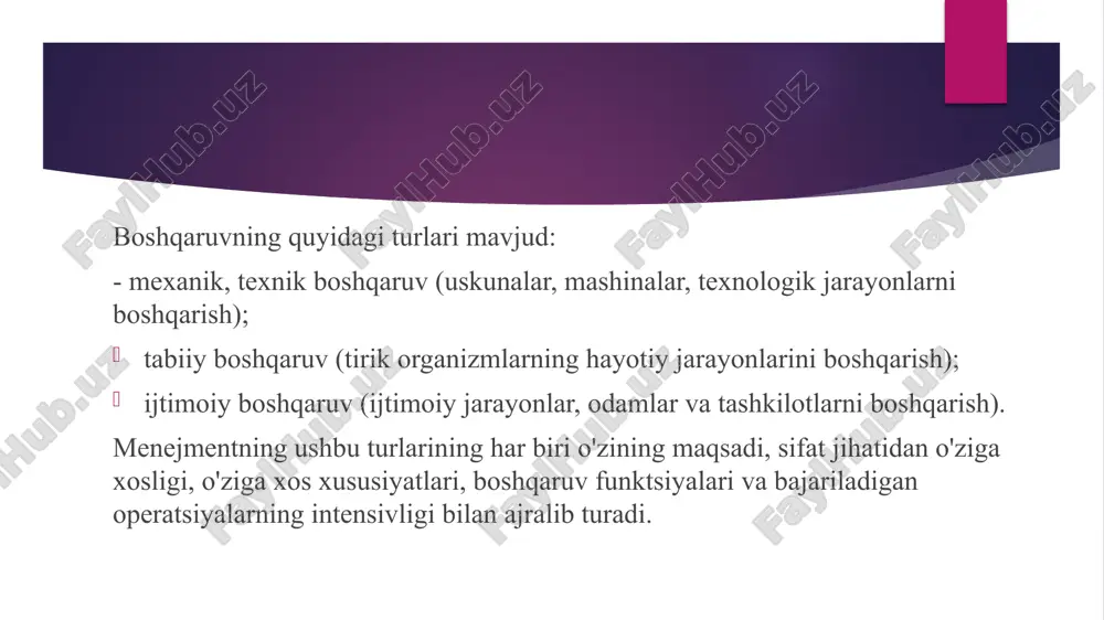 kni tashkil qilish uchun zarurdir.u universal emas va har xil funktsiyalarni alohida qamrab oladi. ushbu yondashuv boshqaruv vositalarining ko'lamiga, biznes turiga va ijtimoiy muhitga qarab kompaniyaning maqsadlarini amalga oshirish uchun tegishli sxemalarni o'z ichiga oladi. umumiy boshqaruv-umuman tashkilotni boshqarish. funktsional boshqaruv-tashkilot faoliyatining muayyan sohalarini boshqarish. funktsional bog'liqligiga qarab boshqaruvning bunday turlari quyidagicha ajratiladi: marketingni boshqarish. u moliyaviy bozorlarni o'rganadi, yangi tarqatish kanallarini yaratadi va narx siyosatini shakllantiradi. ishlab chiqarishni boshqarish sizga tashkilotning ishlab chiqarish jarayonlarini boshqarish, harakatlar va jarayonlarni muvofiqlashtirish orqali korxonaning asosiy faoliyatini amalga oshirish imkonini beradi. savdo menejmenti -bu mahsulot sotishni tashkil etish, mahsulotni etkazib berish bo'yicha xo'jalik shartnomalarini tuzishda ishtirok etish. xodimlarni boshqarish - bu mehnat resurslaridan foydalanish, ularni tanlash, joylashtirish, o'qitishning yuqori sifatli rejalashtirilishi. bunga motivatsiya tizimi va tashkilotni rivojlantirish ham kiradi. moliyaviy menejment - bu tashkilotni moliyaviy boshqarishning maqsad va vazifalarini ishlab chiqish, tashkilotning moliyaviy faoliyatini rejalashtirish, samarali resurslarni boshqarish usullarini ishlab chiqish. moliyaviy menejment …