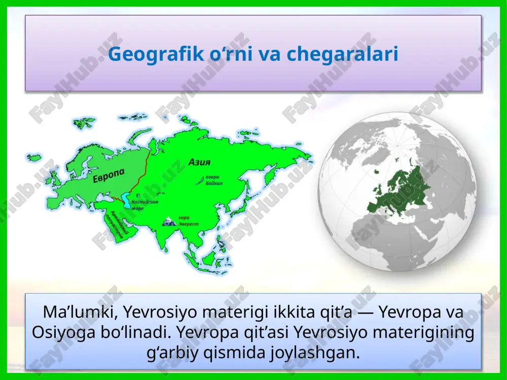 2 3 4 5 6 7 8 9 10 11 12 yevropadagi respublikalarning katta qismi parlamentar respublikalar hisoblanadi. mutlaq monarxiya konstitutsion monarxiya aralash respublika prezidentlik respublika parlamentar respublika parlamentar respublika (farqli) ma’muriy-hududiy jihatidan yevropadagi 6 ta davlat federativ tuzilishga ega — avstriya, belgiya, bosniya va gersegovina, germaniya, rossiya, shveysariya. 6 3 4 2 1 5 yevropa qit’asi 4 ta subregionga bo‘linadi: shimoliy yevropa, g‘arbiy yevropa, janubiy yevropa va sharqiy yevropa (47-rasm). 1 3 2 4 bu subregionlar yevropa davlatlari orasidagi tabiiy, iqtisodiy va tarixiy-madaniy o‘xshashlik hamda tafovutlarni hisobga olgan holda ajratilgan. yevropadagi eng katta shaharlar yevropadagi eng katta shaharlar № shahar davlat aholisi (mln kishi) 1 istanbul turkiya 14.7 2 moskva rossiya 12.4 3 parij fransiya 10.9 4 london buyuk britaniya 9.0 5 madrid ispaniya 6.5 6 barselona ispaniya 5.5 7 sankt-peterburg rossiya 5.4 8 rim italiya 4.2 9 berlin germaniya 3.6 10 afina gretsiya 3.2 yevropaning siyosiy xaritasi yangi …