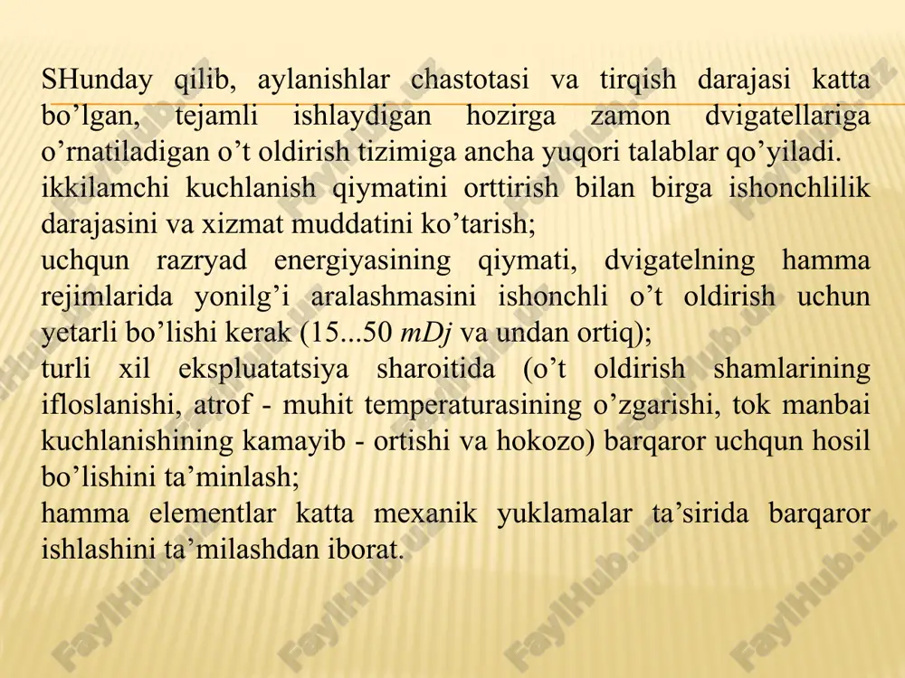 ijada tranzistor bir marta ochilib, bir marta yopiladi, ya’ni o’t oldirish g’altagida yuqori kuchlanishning bir impulsi hosil bo’ladi. ko’p tsilindirli dvigatellarda uchun datchikning juft magnit qutublar soni, tsilindrlar soniga teng bo’lishi kerak. magnitoelektr datchik ishlashini o’ziga xos tomonlaridan biri, stator chulg’amida hosil bo’lgan eyuk amplitudasi doimiy magnitni, ya’ni tirsakli valning aylanishlar chastotasiga bog’liqligidir. aylanishlar chastotasi ortishi bilan eyuk amplitudasi ham ortadi. bu esa tranzistorni ochilish va yopilish (a1 va a2 burchaklar) va o’t oldirish vaqtini o’zgartirishga olib keladi. kontaktsiz o’t oldirish tizimida boshqa turdagi datchiklar ishlatiladi: yuqori chastotali generator, parametrik, fotodatchik, pezodatchik, yarim o’tkazgichli datchik va boshqalar. yuqori chastotali generator-datchiklar boshqiruvchi signal yuqori chastotali kuchlanishni o’zgartirish yo’li bilan hosil qilinadi. generator ishlab chiqqan kuchlanish transformatorning birlamchi chulg’amiga uzatiladi. transformatorning ikkilamchi chulg’amida hosil bo’ladigan kuchlanish birlamchi va ikkilamchi chulg’am o’zaklari orasidagi havo tirqishining magnit qarshiligiga bog’liq. bu magnit qarshilik dvigatel tsilindrlar soniga teng teshiklarga ega bo’lgan po’lat rotor yordamida davriy ravishda …