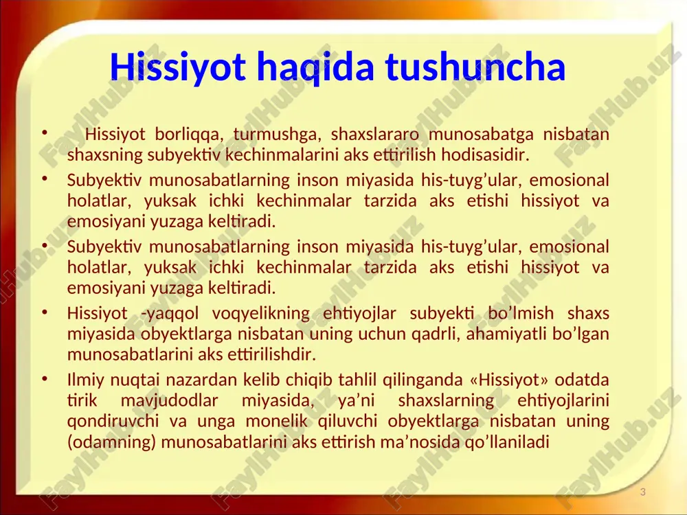 umiy tizimiga aylanadi kayfiyat nihoyatda xilma-xil, uzoq va yaqin manbalar negizidan vujudga keladi. inson kayfiyatining paydo bo’lishiga va o’zgarishiga ta’sir qiluvchi ikkita omilni tahlillash mutlaqo shart. ulardan bittasi obyektiv va subyektiv xususiyatli vaziyatdir: a) tabiiy omillarga taalluqli bo’lgan vaziyat (havoning sovuqligi yoki issiqligi, bioritmika o’zgarishi), b) shaxslararo munosabatning noqulayligi va boshqalar. ikkinchi bir manba sifatidagi talqin qilish mumkin – bu obyektiv va subyektiv shart-sharoitlardir. masalan, mehnat va o’qish faoliyatiga kerakli vositalarning mavjudligi (ish dasgohi, mehnat quroli, yorug’lik, auditoriya, partalar va boshqalar). ikkinchidan, subyektiv munosabatlar: ilk psixologik muhit, muloqatmandlik maromi, rag’batlantirish, muloqot o’rnatish uslubi, shaxsiyatga tegmaslik, teng huquqlilik, hamkorlik, demokratiya prinsiplariga rioya qilishlik, o’zaro tushinish, shaxsning psixologik xususiyatlarini hisobga olish va hokazo * http://aida.ucoz.ru * http://aida.ucoz.ru * http://aida.ucoz.ru * psixologiya fanida asosiy hissiyotlar atamalari k. izartning talqinicha: 1) qiziqish – malaka va ko’nikmalar shakllanishiga, o’qishga moyillik uyg’otadigan bilimlarni egallashga yordam beruvchi ijobiy hissiy holatdir; 2) quvonch - qondirilishi dargumon bo’lgan yetakchi …