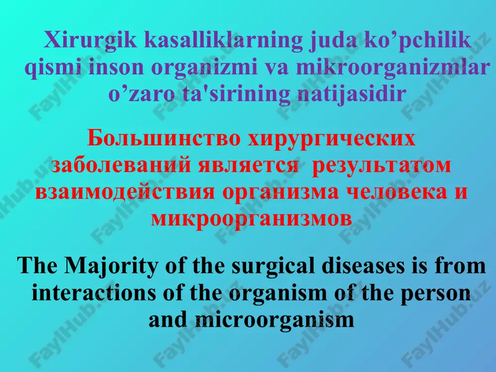 developed surgical infection conduct on the grounds of: - a maximum increase the immunobiologic of power of the organism - a making the disadvantage conditions for developments microbial flora axolining maishiy sanitar-gigenik ahvolini yaxshilash, shu jumladan antibiotiklarni keng ko’lamda qullash xirurgik infeksiya rivojlanish sonini kamaytiradi uluchshenie materialnogo blagosostoyaniya sanitarno-gigenicheskogo urovnya naseleniya, a takje shirokoe primenenie antibiotikov pri gnoynix zabolevaniyax sposobstvuet snijeniyu chastoti razvitiya xirurgicheskoy infektsii the improvement of material well-being sanitary-hygienic level populations, as well as broad using antibiotic under purulent disease promotes the reduction of the frequency of the development to surgical infection vaqt o’tishi bilan mikroblarning antibiotiklarga chidamli bo’lgan yangi shtammlari paydo bo’lishi natijasida, xirurgik muolajalarni talab qiluvchi yiringli kasalliklar ko’payadi. so vremenem voznikayut novie shtammi mikrobov, ustoychivie k antibiotikam, v rezultate chego vnov otmechaetsya uvelichenie gnoynix zabolevaniy, trebuyushix xirurgicheskogo vmeshatelstva since time appear new strains microbes firm to antibiotics with the result that is it newly noted …