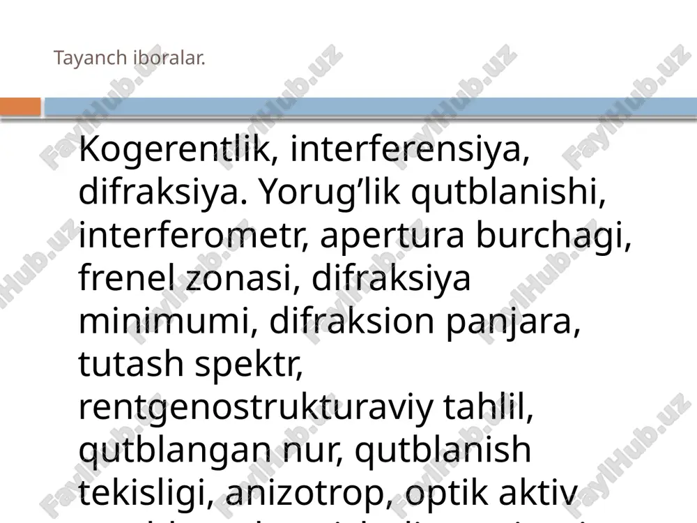 xulosaga kelamiz. haqiqatdan ham, biror teshikdan yorug`lik o’tsa, u uzun nur konusini hosil qiladi. agar shu teshikni yana kichraytirsak, u holda yorug`lik teshikdan sfera bo’ylab tarqaluvchan bo’ladi. bu hodisani birinchi bo’lib italyan olimi grimaldi kuzatgan. gyuygens-frenel prinsipi chegaralangan yorug`lik to’lqinlari fronti tarqalganda hamma nuqtalardan chiqayotgan elementar to’lqinlar interferensiya natijasida bir-biri bilan qo’shilishib ketgan fazoning qismida qorong’ulik kuzatiladi. yorug’lik difraksiyasi foydalanish xulosa qilib shu narsani qayd qilish kerakki, osmonning havo rangligi va quyosh diskining sariqroq tusda bo’lishiga ham atmosferada yorug’likning molekulyar sochilishi sabab bo’ladi. reley qonuniga muvofiq, sochilgan yorug’likning j intensivligi to’lqin uzunligi ning to’rtinchi darajasiga teskari proporsional bo’ladi: binobarin, atmosfera orqali o’tayotgan oq (quyosh) yorug’ligidan asosan ko’k va havo rangga mos keladigan qisqa to’lqinlar sochilar ekan. shu munosabat bilan atmosfera orqali o’tgan yorug’lik asosan uzun to’lqinlardan iborat bo’ladi va quyosh diskiga zarg’aldoq – sarg’ish tus berib turadi. ana shunday xossalari tufayli rentgen nurlari medisinada va texnikada jismlarning ichki tuzilishini o’rganish, …