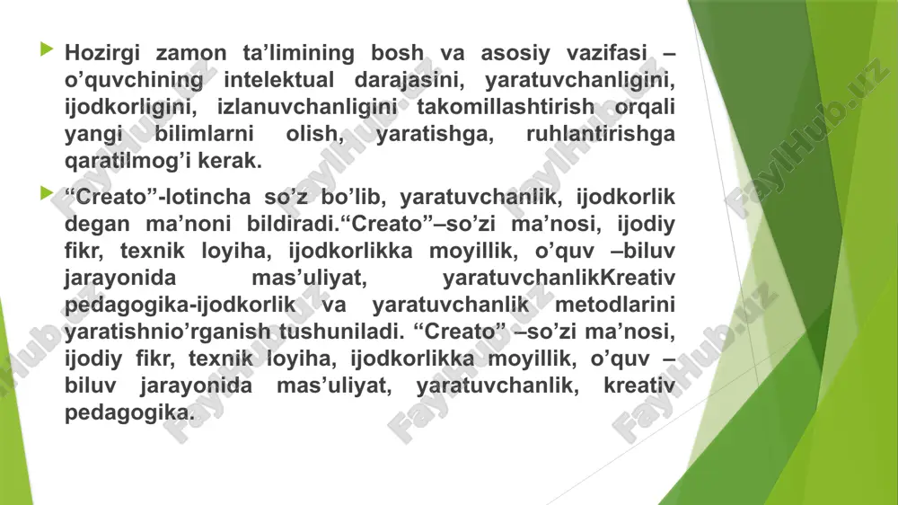 b boradi. ta’limni olib boruvchi –o’quv jarayonini olib boruvchi –o’quvchi o’quv jarayonining faol ishtirokchisi o’quv –biluv mas’uliyatini o’z bo’yniga oluvchi hamdir. -ta’lim jarayonini texnologiyalashtirish, innovatsiyalar, ilg’or texnologiyalar, yangi o’quv ob’ektlari o’quvchining tafakkurini, abstraktfikrlash, ijodiy fikrlashiga olib keladi. -o’quv jarayonini algoritmlash, loyihalash, modullashtirish o’quvchining o’quv jarayoniga bo’lgan shaxsiy mas’uliyatini oshiradi. ularda motivatsiyaning kuchayishi orqali qo’shimcha ma’lumotlar olish asosida o’z bilimini boyitib borish extiyojini tug’diradi. -o’quv jarayonini kreativ yo’naltirish uchun: o’quv jarayonida o’quv materialini berib borish, boshqa qo’shimcha materiallarni taklif etish va o’quvchini izlanishga, ijodkorlikka yo’naltiruvchi material asosida uni o’z extiyoji, xoxishi orqali yangilik sari yetaklash. -o’quv jarayonini ham shunday o’zgartirish kerakki, unda o’quvchi o’quv materiallarining yaratuvchisiga aylanib, berilgan o’quv materiali o’sha yaratuvchilikka xizmat qilsin. -o’quv materiallariga yangi qo’shimchalar kiritish orqali evristik strategiya, taktika, metod va usullar taklifi orqali o’quvchini ijodiy fikrlashga qiziqishini oshirish kerak.umuman inson faoliyatida yaratuvchanlik, ijodiy fikrlash, har qanday muammoli vaziyatni o’z vaqtida hal etsa, o’quvchi uchun asta –sekin …
