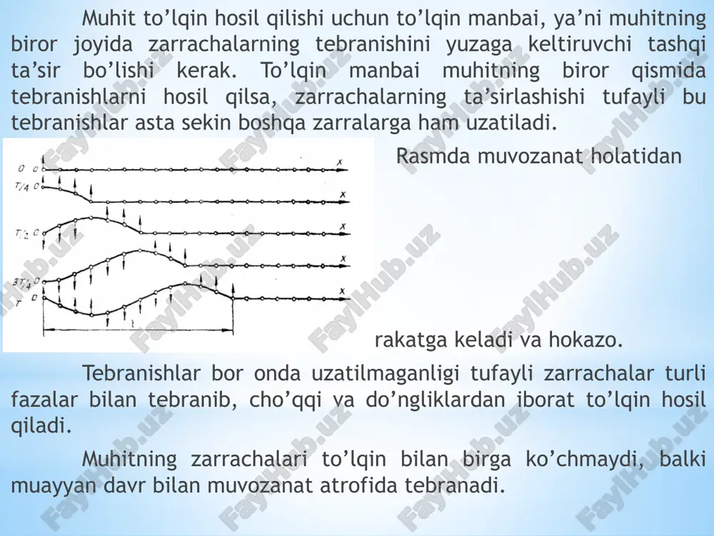 adi. elastik muhitda yassi to’lqin tarqalayotgan bo’lsa uning kinetik energiyasi ga teng bo’ladi. uni ko’rinishida yozish mumkin. elastik muhitda yassi to’lqin tarqalayotganda muhitning elastik deformatsiyasi tufayli hosil bo’lgan to’lqinning potensial energiyasi ga teng. bu yerda - nisbiy deformatsiya, e – yung moduli. yung modulini bilan almashtirib, ni hisoblab yoki ekani kelib chiqadi. to’lqin intensivligi deb bir metr kvadrad yuzadan bir sekundda o’tgan energiyaga teng kattalikka aytiladi. kogorent to’lqinlar deb chastotalari teng fazalar farqi o’zgarmas bo’lgan to’lqinlarga aytiladi. kogorent to’qinlarning qo’shilishi natijasida fazoning biror nuqtasida to’lqinlarning kuchayishi yoki susayishi hodisasiga interferensiya deb ataladi. kogorent to’qinlarning qo’shilishi natijasida fazoning biror nuqtasida to’lqinlarning kuchayishi interferensiyaning maksimumi deb ataladi. kogorent to’qinlarning qo’shilishi natijasida fazoning biror nuqtasida to’lqinlarning susayishi hodisasiga interferensiyaning minimumi deb ataladi. image1.jpg image2.jpg image3.jpg image4.jpg image5.png image6.png image7.png /docprops/thumbnail.jpeg