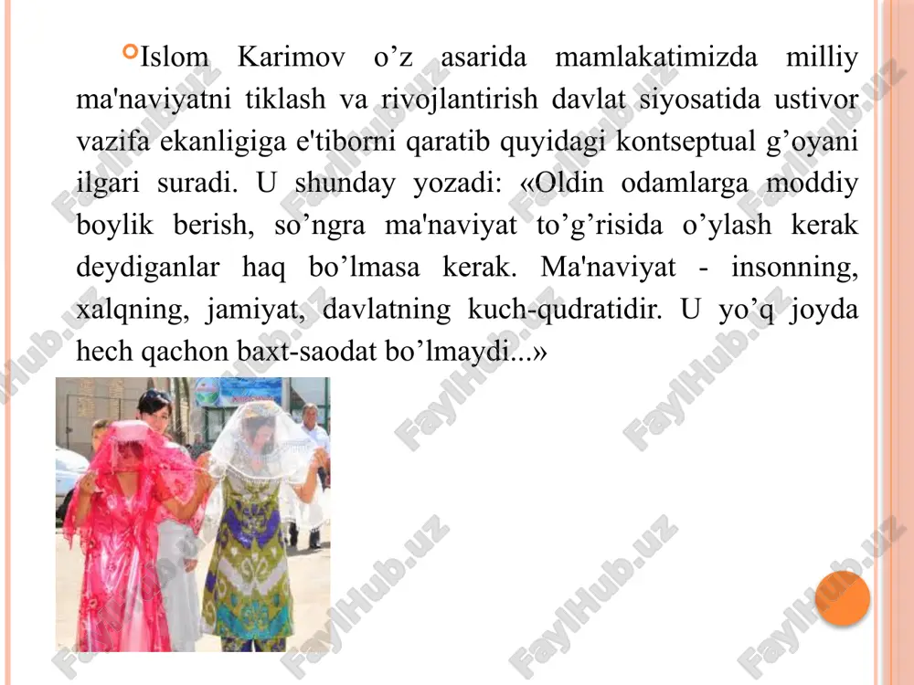 yoshlari o'rtasida kitobxonlikni targ’ib qilish, xotin-qizlar bandligini oshirish masalalariga urg’u berildi. birinchi tashabbus yoshlarning musiqa, rassomlik, adabiyot, teatr va san'atning boshqa turlariga qiziqishlarini oshirishga, iste'dodini yuzaga chiqarishga xizmat qiladi. ikkinchi tashabbus yoshlarni jismoniy chiniqtirish, ularning sport sohasida qobiliyatini namoyon qilishlari uchun zarur sharoitlar yaratishga yo’naltirilgan. uchinchi tashabbus aholi va yoshlar o’rtasida kompyuter texnologiyalari va internetdan samarali foydalanishni tashkil etishga qaratilgan. to’rtinchi tashabbus yoshlar ma'naviyatini yuksaltirish, ular o’rtasida kitobxonlikni keng targ’ib qilish bo’yicha tizimli ishlarni tashkil etishga yo’naltirilgan. beshinchi tashabbus xotin-qizlarni ish bilan ta'minlash masalalarini nazarda tutadi. prezidentning joriy yilda sirdaryo hamda namangan viloyatlariga qilgan amaliy tashrifi davomida mazkur hududlardagi tuman va shahar kutubxonalariga bir necha yuz ming nusxada badiiy adabiyotlar etkazib berildi. “ma'rifat karvoni” tashkil etildi. yoshlar uchun 25 ming dona kitob, 80 turdagi sport jihozlari va musiqa asboblari etkazib berildi. image2.jpeg image3.jpeg image4.jpeg image5.jpeg image6.png image7.jpeg image8.png image9.jpeg image10.jpeg image11.jpeg image12.jpeg image13.jpeg image14.png /docprops/thumbnail.jpeg