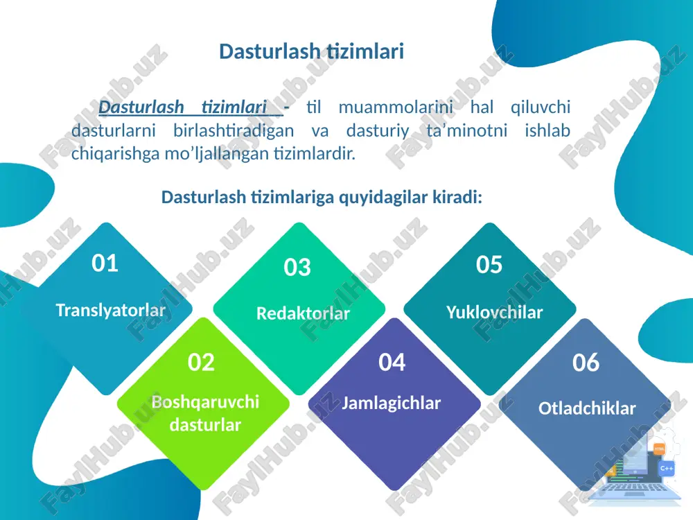 n programma (dastur) tuzish usullari, ularni tekshirish va takomillashtirishdan iborat. yechilishi lozim boʼlgan masala algoritmi "mashina tili"ga oʼtkaziladi. dasturlash tillari dasturlash tillari – bu maʼlum bir vazifani bajarish uchun komp’yuter tiliga oʼgiruvchi dasturlash tillaridur. ular quyidagi kategoriyalarga ajratiladi: yuqori darajadagi tillar ob’yektga yo’naltirilgan tillar quyi darajadagi tillar script tillar web dasturlash uchun tillar yuqori darajadagi tillar yuqori darajadagi tillar deb asosan ochiq kodli dasturlash tillariga aytiladi. ularga quydagilarni misol qilishimiz mumkin: gentee, basic, gbasic, fortran va boshqalar. gentee — bu ochiq koʼdli dasturlsh tili. bu til sintaksisi c\c++ nikiga oʼxshab ketadi, bu koʼpchilikka dasturlarni tez yozishga yordam beradi. genteeni boshqa tillarda ishlatish uchun (masalan delphi, c\c++) u tillarga gentee dll faylini ulash kerak. ulagandan soʼng uni funnksiyalarini chaqirib *. g, *. ge, *. gw va *. gwe fayllarini ochishingiz mumkin. fortran [ing . for (mula) tran (slation) — “formulalarni o’girish” degan maʼnoni anglatadi] — ehm (komp’yuter) yordamida ilmiy-texnikaviy masalalarni yechish …