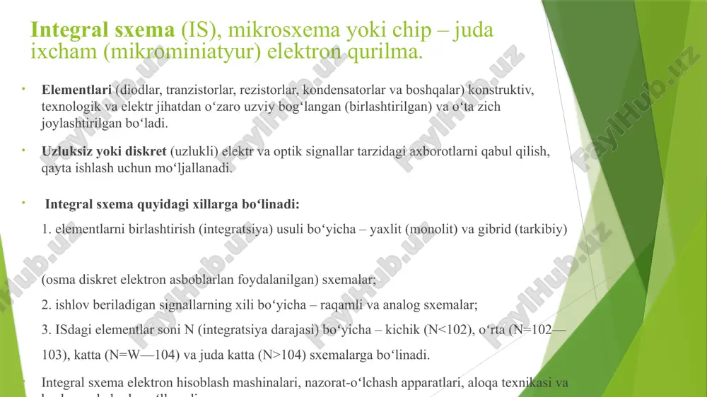 d circuit integral mikrosxemalarning ishlab chiqarish jarayoni dizayn: mikrosxemalar dizayni asosan kompyuter yordamida bajariladi. cad (computer-aided design) dasturlari orqali arxitektura va sxema yaratiladi. materiallar: asosiy material sifatida silikon ishlatiladi. silikon wafers (parda) hosil qilinadi, bu parda chipning asosiy qismi bo‘ladi. protsess: ekranlash: silikon wafersga oksid qatlamlari, rezistorlar va boshqa komponentlar qo‘shiladi. photolithography: tasvirlarni qattiq silikonga o‘tkazish uchun fotolitosiz protsesslari amalga oshiriladi. ishlash: barcha kerakli komponentlar joylashtirilgach, chiplarni birlashtirish va o‘rnatish jarayoni amalga oshiriladi. sinov: yakuniy mikrosxemalar sinovdan o‘tkaziladi, bu esa ularning ishonchliligini va sifatini ta'minlaydi. qadoqlash va tarqatish: sinovdan o‘tgan imslar qadoqlanadi va bozorga chiqariladi. qo‘llanilish sohasi iste'mol elektronikasida: smartfonlar, planshetlar, televizorlar, va boshqa iste'molchi mahsulotlar. avtomobil sanoatida: avtomobillarni boshqarish tizimlari, sensorlar va xavfsizlik tizimlarida keng qo‘llaniladi. tibbiyotda: tibbiy apparatlar, monitoring tizimlari va diagnostika uskunalarida imslardan foydalaniladi. aerospace va harbiy tizimlarda: katta xavfsizlik talab qiladigan tizimlar va yuqori aniqlikdagi qurilmalar. kompyuter texnologiyalari: cpular, gpular, ram modullari va boshqa xotira elementlarida …