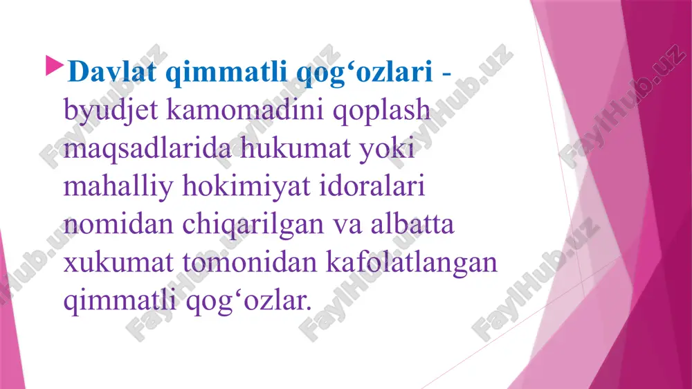 qori miqdordagi moliyaviy resurslar jalb qilish imkonini beradi. odatda yevroobligatsiyalar kamida 3 yilga chiqariladi, eng keng tarqalgan muddat sifatida 5 yillik muddat keltiriladi. dunyoga mashhur kompaniyalar tomonidan muomalaga chiqariladigan yevroobligatsiyalar 15 yildan 30 yilgacha boʻlgan muddat boʻyicha amal qiladi. yevroobligatsiyalarning afzalliklari jalb qilinadigan mablagʻ miqdorining yuqoriligi (muomalaga chiqarishning oʻrtacha qiymati – 300 million aqsh dollari) muomala muddatining uzoqligi (3 yildan – 30 yilgacha) foiz stavkalarining juda pastligi (yillik 5%) taʼminot va garov boʻyicha talablarning mavjud emasligi xalqaro miqyosda kredit tarixi yuzaga kelishi yevroobligatsiyalarning kamchiliklari axborotlarni oshkor etish boʻyicha qarz oluvchiga nisbatan jiddiy talablarning mavjudligi yevroobligatsiya muomalaga chiqarish jarayonining yuqori miqdorda xarajatlar talab qilishi qimmatli qogʻozlarni tayyorlash va joylashtirishning koʻp vaqt talab qilishi (4–6 oy) valyuta riskining yuzaga kelishi va boshqalar davlat moliyaviy siyosati bilan bogʻliq risk bunda yuqorida koʻrib chiqqanimiz yevroobligatsiyalar bilan bir qatorda yevroaksiyalar, yaʼni xalqaro aksiyalar muomalasiga ham eʼtibor qaratilmoqda. aksiyalarning milliy fond birjalari bilan bir vaqtda xalqaro …