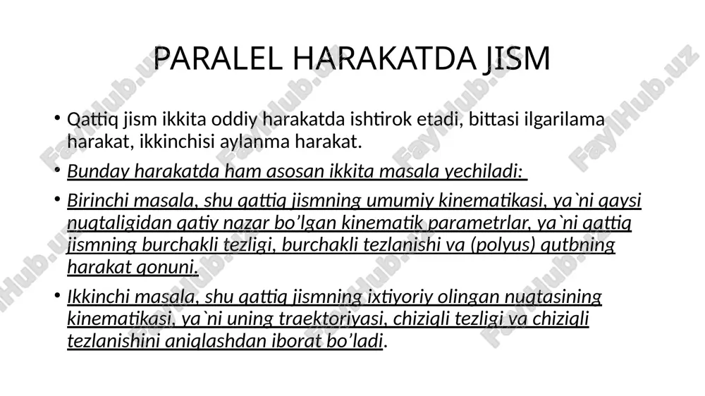 vektorlar yig’indidan iborat bo’lib, ulardan birinchisi (qutb) a nuqtaning tezlanish vektori, ikkinchisi v nuqtaning a qutb atrofidagi oniy aylanishidan iborat bo’ladigan aylanma tezlanish vektori, uchinchisi v nuqtaning a qutb atrofidagi oniy aylanishidan iborat bo’ladigan normal tezlanish vektorlaridan iborat bo’lar ekan. image1.png image5.wmf image2.png image3.wmf image4.wmf image6.png image7.png image8.png image9.wmf image10.wmf image11.png image12.wmf image13.png j = f t 3 ( ) x t a = f ( ), 1 y t a = f ( ), 2 r r r r r r v v ab v v v b a b a ba = + ´ = + w yoki pr pr yok i av av ( ) ( ) cos cos r r r r v v v v b a b a = × = × b a w w w = = = v bp v cp v dp b v c v d v , , …