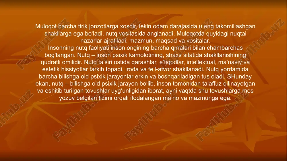 atrofda ijobiy, biologik muhim omillarning, deylik, ozuqaning mavjudligi haqidagi ogohlantirish muloqot mazmuni bo‘lishi mumkin. odamda muloqot mazmuni hayvonlarnikiga qaraganda ancha kengroqdir. odamlar bir-biri bilan dunyo haqidagi bilimlar, orttirilgan tajriba, layoqatlar, malaka va ko‘nikmalarni jamlagan axborot bilan almashadilar. inson muloqoti ko‘p jismli bo‘lib, ichki mazmuniga ko‘ra turli-tumandir. muloqot maqsadi – bu insonda ushbu faollik turi yuzaga keladigan sabab. hayvonlarda muloqot maqsadi bo‘lib boshqa tirik jonzotni ma’lum harakatga chorlash, u yoki bu harakatni amalga oshirmaslik kerakligi haqidagi ogohlantirish xizmat qilishi mumkin. masalan, ona o‘z tovushi yoki harakati bilan bolasini xavfdan ogoh etishi mumkin; podadagi ba’zi hayvonlar boshqalarni ularga hayotiy muhim daraklar etib kelgani haqida ogohlantirishlari mumkin. odamda muloqot maqsadlari soni ko‘payadi. ularga yuqorida sanab o‘tilganlardan tashqari, dunyo haqidagi bilimlarga ega bo‘lish va etkazish, ta’lim va tarbiya, odamlarning hamkorlik faoliyatlaridagi turli harakatlarning muvofiqlashuvi, shaxsiy va ish bo‘yicha o‘zaro munosabatlarning oydinlashtirilishi, o‘rnatilishi va boshqalar ham kiradi. agar hayvonlarda muloqot maqsadlari ular uchun dolzarb bo‘lgan …
