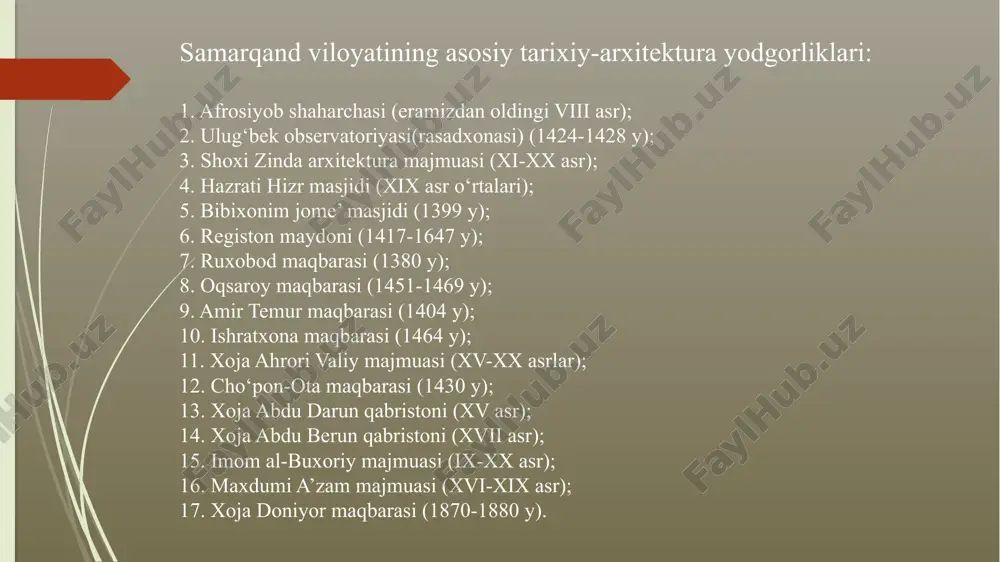 لل ةمظعلا ‘ه لل ركشلا ‘ه لل ءاقبلا ‘ه لل كلملا – “mulk xudoni-kidir”, “boqiylik xudoga xos”, “shukr – xudoga”, “buyuklik xudoga xos”; pastida esa suls xatida rasululloh (s. a. v.)ning hadislari: “rasululloh (s. a. v.): “olim bo’l yoki ta’lim oluvchi bo’l, eshituvchi bo’l yo (ilmni) sevuvchi bo’l. (beshinchi toifadan, ya’ni ilmga befarqlardan bo’lmaki, halok bo’lasan)”, – deb o’yib yozilgan. (payg’ambar) alayhissalom yana: “kim olimni ulug’lasa, bas, meni ulug’lagan bo’ladi”, – dedilar. rasululloh to’g’ri aytdilar.” peshtoqning marmar panellarida ham bitiklar mavjud. uning tepa qismlarida kufiy xatida: ‘ه لل ةمظعلا ‘ه لل ركشلا ‘ه لل ءاقبلا ‘ه لل كلملا – “mulk xudoni-kidir”, “boqiylik xudoga xos”, “shukr – xudoga”, “buyuklik xudoga xos”; pastida esa suls xatida rasululloh (s. a. v.)ning hadislari: “rasululloh (s. a. v.): “olim bo’l yoki ta’lim oluvchi bo’l, eshituvchi bo’l yo (ilmni) sevuvchi bo’l. (beshinchi toifadan, ya’ni ilmga befarqlardan bo’lmaki, halok bo’lasan)”, – deb o’yib yozilgan. (payg’ambar) alayhissalom yana: …