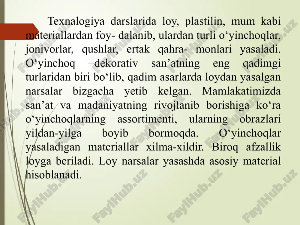 izg‘ich va burchaklar kabi o‘lchov asbob- lari modellarni chizish va o‘lchash ishlarida kerak bo‘ladi. tayyor narsalardagi changlarni yo‘qotish, loy narsalarni supurib tashlash, narsani solish va unga narsalar surtish jarayonida har xil mo‘yqalamlar bo‘lishi maqsadga muvofiqdir. haykaltaroshlik haqida qisqacha ma’lumot. haykaltaroshlik – tasviriy san’at turlaridan biridir. san’atning bu turining xususiyati tasvirning hajmi – formasidir. plastik tasvirlar orasida aylana haykal- taroshlik yolg‘iz tur emas. undan tashqari, barelyef va gorelyef ham mavjud, relyef aylana haykaltaroshlikdan farq qilib, yassi sathda aks etadi. bu haykaltaroshlik turlaridan idish-tovoq sathini, binolarning old tomoni, interyeri va shu kabilarni bezashda foydalaniladi. loy va plastilin bilan ishlashda kerak bo‘ladigan usullar: 1. yumaloqlik – bu parcha loydan shar yasash, unga olcha, olma kabilar shaklini berishdir. 2. bir bo‘lak loydan kaftda aylana harakatlar bilan shar yasaladi. 3. shar yasash, so‘ngra uzunasiga harakatlar bilan uni tuxum, ustun kabilarga aylantirish. 4. yassilash – sharchadan yassi non yasaladi, qo‘lning holati doimo o‘zgarib turadi. 5. yumoloq …