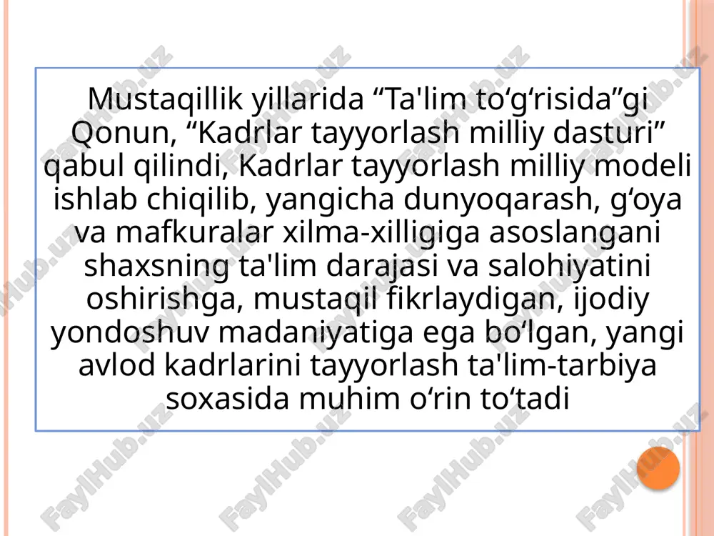 salar kiradi. o‘zbekiston respublikasining qonuni ta’lim to‘g‘risida 2020-yil 23-sentabr, o‘rq-637-son ta’lim olish shakllari ishlab chiqarishdan ajralgan holda ta’lim olish (kunduzgi); ishlab chiqarishdan ajralmagan holda ta’lim olish (sirtqi, kechki, masofaviy); dual ta’lim; oilada ta’lim olish va mustaqil ta’lim olish; katta yoshdagilarni o‘qitish va ularga ta’lim berish; inklyuziv ta’lim; eksternat tartibidagi ta’lim; mudofaa, xavfsizlik va huquqni muhofaza qilish faoliyati sohasida kadrlar tayyorlash dual ta’lim ta’lim oluvchilar tomonidan zarur bilim, malaka va ko‘nikmalarni olishga qaratilgan bo‘lib, ularning nazariy qismi ta’lim tashkiloti negizida, amaliy qismi esa ta’lim oluvchining ish joyida amalga oshiriladi. inklyuziv ta’lim inklyuziv ta’lim alohida ta’lim ehtiyojlari va individual imkoniyatlarning xilma-xilligini hisobga olgan holda barcha ta’lim oluvchilar uchun ta’lim tashkilotlarida ta’lim olishga bo‘lgan teng imkoniyatlarni ta’minlashga qaratilgan. jismoniy, aqliy, sensor (sezgi) yoki ruhiy nuqsonlari bo‘lgan bolalar (shaxslar) uchun ta’lim tashkilotlarida inklyuziv ta’lim tashkil etiladi. oliy ta’lim muassasalari universitet — oliy ta’lim dasturini bajarishda talabalarga egallayotgan sohasi bo‘yicha yoki keyinchalik o‘qishlarini davom ettirishlari …