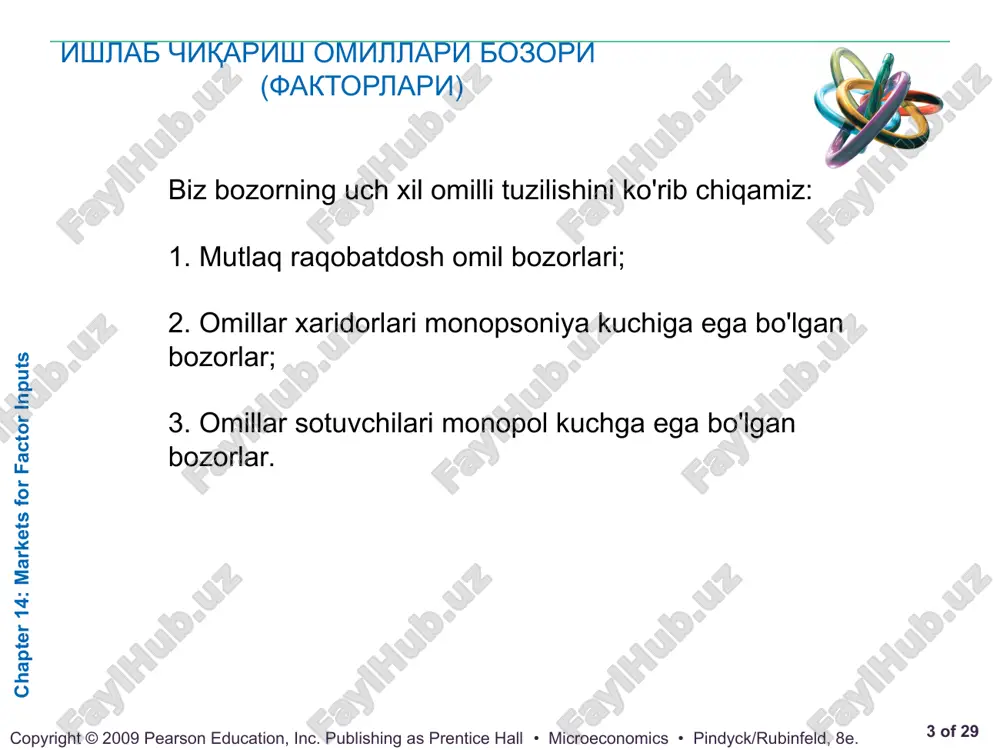 ish orqali o'z foydasini maksimal darajada oshiradi.. natijada l2 mehnat birligi yollanadi. 14.1 chapter 14: markets for factor inputs * of 29 copyright © 2009 pearson education, inc. publishing as prentice hall • microeconomics • pindyck/rubinfeld, 8e. raqobatbardosh omillar bozorlari bozordagi faqat bir o'zgaruvchili omilli ishlab chiqarish talabi mehnat ta'minotidagi o'zgarish rasm 14.3 mehnatni chekli daromadliligi mrpl dan ishchilarni yollashda foydalanishi mumkin. agar firma o`z foydasini maksimallashtiradigan bo`lsa, u ishchilarni yollashni mehnatni chekli daromadliligi ish haqiga teng bo`lgunga qadar davom ettiradi. mrpl = w , 14.1 chapter 14: markets for factor inputs * of 29 copyright © 2009 pearson education, inc. publishing as prentice hall • microeconomics • pindyck/rubinfeld, 8e. raqobatbardosh omillar bozorlari eslang, mrpl = (mpl)(mr) va tenglamaning ikkala tomonini mehnatning cheklangan daromadiga bo'ling. keyin, (14.4) tenglama shuni ko'rsatadiki, firmaning yollash va ishlab chiqarish tanlovi ham bir xil qoidaga amal qiladi: ishlab chiqarish resurslari yoki ishlab chiqarish hajmi tanlanadi, …
