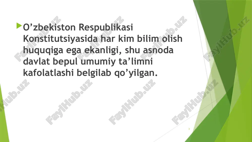 yeva nomlari bilan atalgan ijod maktablari, “temurbeklar maktabi”, prezident maktablari, xususiy maktablar singari yangi va zamonaviy namunadagi taʼlim dargohlari tashkil etildi. 16 2020-yil 23-sentyabrda qabul qilingan «ta’lim to‘g‘risida»gi yangi tahrirdagi qonun 75 modda 17 yangi tahrirdagi «ta’lim to‘g‘risida»gi qonunda ta’lim turlari va shakllari. maktabgasha ta’lim va tarbiya; umumiy o‘rta va o‘rta maxsus ta’lim; rrofessional ta’lim; oliy ta’lim; oliy ta’limdan keyingi ta’lim; kadrlarni qayta tayyorlash va ularning malakasini oshirish; maktabdan tashqari ta’lim. 18 ta’lim olish shakllari quyidagilardan iborat: ishlab shiqarishdan ajralgan holda ta’lim olish (kunduzgi) ishlab shiqarishdan ajralmagan holda ta’lim olish (sirtqi, keshki, masofaviy) dual ta’lim -turi-nazariy qism taʼlim maskanida olinadi, amaliy qism taʼlim oluvchining ish joyida amalga oshiriladi. oilada ta’lim olish va mustaqil ta’lim olish; katta yoshdagilarni o‘qitish va ularga ta’lim berish; inklyuziv ta’lim eksternat tartibidagi ta’lim mudofaa, xavfsizlik va huquqni muhofaza qilish faoliyati sohasida kadrlar tayyorlash. 19 rrezident maktabida o'quv jarayoni tubdan yangi texnologiyalar asosida tashkil etilgan bo'lib, kembrij …