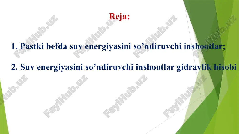 sh funktsiyasi: toʼgʼri toʼrtburchak shaklidagi kanallarda: gidravlik sakrash funksiyasi grafigi energiya soʼndiruvchi devor (toʼsiq) ortiqcha kinetik energiyani kamaytirish (yoʼqotish) uchun energiya soʼndiruvchi devorni ham qoʼllash mumkin. gidravlik sakrash siqilgan kesimda paydo boʼlishi uchun ushbu devorming balandligini (s) va devor bilan tashkil qilingan hovuz uzunligi (lx) ni aniqlash kerak. devorning balandligi (s) ga bir necha qiymatlarni beramiz va grafikni quramiz va qiymatiga qarab, grafikdan «s» qiymatini olamiz. s n bh hh hh+c misol (*): 1. kanal kritik chukurligini aniklang: 2. gidravlik eng qulay kesim uchun aniqlang. -ismingizdagi xarflar soni 3. uchburchak kanal uchun gidravlik sakrash funktsiyasi qanday ko’rinishda bo’ladi (tenglamani keltirib chiqaring). adabiyotlar 1. k.sh.latipov, a.m.arifjanov, x.kadirov, b.toshov “gidravlika va gidravlik mashinalar”, navoiy sh., alisher navoiy, 2014 y. -268b 2. k.sh.latipov, a.m.arifjanov, fayziev x “gidravlika”, toshkent, taqi, 2015 y. 459b. 3. t.kaletova, a.m.arifjanov “hydromechanika”, nitra, 2019y, -160 pages. 4. a.m.arifjanov, t.u.apakxujaeva. gidravlika (uchebnoe posobie). –tashkent. faylasuflar, 2019 g. -280s. 5. a.m.arifjanov, …