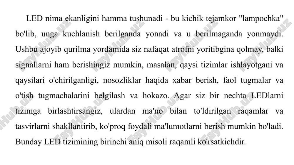 izish tezligi pasayadi. texnik parametrlar max7219; ko‘rsatkichlar turi 1088bs: umumiy katod; 1088bs indikatoridagi ledlar soni: 64; led yagona led diametri: 3 mm; led rangi: qizil, ko‘k, yashil; matritsali ulanish interfeysi: spi; quvvat kuchlanishi: 5 v; matritsaning o‘lchami: 32 x 32 x 14 mm; modul ikki qismdan iborat, pastki qismida max7219 mikrosxemasi kichik elektr zanjiri o‘rnatilgan, yuqori qismida umumiy katotli (32 mm x 32 mm x 1088bs led matritsali) bosilgan elektron platasi joylashgan. 8 mm). 1088bs matritsasida 16 ta pin bor, ulardan 8 tasi qatorlar uchun, qolgan 8 tasi ustunlar uchun, ledlarning umumiy soni 64 dona. keling, max7219 ni batafsil ko‘rib chiqaylik. mikrosxemalar arduino tekshirgichi bilan aloqa qilish uchun faqat 3 ta sim yordamida 64 ta alohida ledni boshqarishi va bir xil max7219 ni bitta katta matritsaga ulash uchun bir xil simlardan foydalanishi mumkin. 64 ledni boshqarish uchun max7219 faqat 16 ta pinni ishlatadi va bir vaqtning o‘zida sakkizta ledni yoqishi …