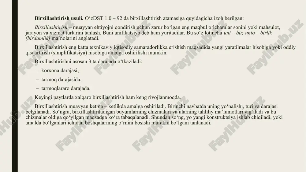 ri va elementlaridan tashkil topgan tekshiruv – o‘lchash asboblarini yaratishda keng qo‘llaniladi. parametrik standartlashtirishning o‘ziga xos xususiyatlari buyumlarning, parametrlarning va o‘lchamlarning turli tumanligi parametrik standartlar bilan reglamentlanadi (cheklanadi). parametrik standartlashtirishni qo‘llash natijasida buyumlarning tartibsiz ravishdagi va ko‘p sonli nomenklaturasining oldi olinadi. bundan tashqari buyumlarni o‘zaro moslash, birxillashtirish uchun imkon yaratiladi, ehtiyot qismlar ta’minotidagi muammolar bartaraf etiladi. parametrik standartlashtirishning mohiyati shundaki, bunda yalpi ishlab chiqariluvchi buyumlarning parametr va o‘lchamlari erkin va o‘z holicha emas, balki, maxsus tanlangan (muloqat) sonlar qatori ya’ni, boshqa sonlarga nisbatan ko‘proq muloqatda bo‘linadigan sonlar qatoriga muvofiq belgilanadi. parametrik standartlashtirish keng tadbiq etilgan. buni oyoq, bosh va boshqa kiyimlarining o‘lchamlarida, boltlarning, gaykalarning o‘lchamlarida va shu kabilarda ko‘rishimiz mumkin. tanlangan sonlarga muayyan matematik qonunlar xos hisoblanadi. masalan, eng oddiy muloqat sonlar qatori arifmetik progressiya asosida tanlanadi. bunda qatordagi bir sonning oldingi va keyingi sonlarga nisbatan bo‘lgan farqi doimo o‘zgarmas bo‘ladi. masalan: a) farqi 1 bo‘lgan ortib boruvchi; 1 – …