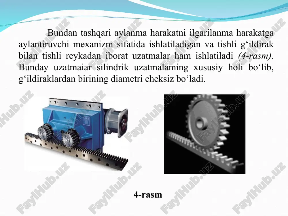 nni chekli chegarasi; - ilashayotgan tishlarda kontakt yuzasi hajmining chekli chegarasi tishli g'ildiraklar ishlash jarayonida ishqalanish hisobiga qiziydi, ishchi yuzalari eyiladi, f.i.k kamayadi. uzatmalami yaxshi ishlashi ko‘p jihatdan moylaming sifatiga bog’liq bo’ladi. tishli uzatmalar har hil yo‘llar bilan moylanadi. mashinasozlikda asosan tishli g‘ildiraklarni bittasini yoki har ikkisini ham yopiq uzatmaga qo‘yilgan moyga botirish yo‘li bilan moylanadi. bunda tishli g‘ildirak aylanganda shu moy yordamida podshipniklar ham moylanadi. uzatmaning tezligi 12,5 m/s gacha bo‘lganda shu yuqorida tavsiya etilgan usul bilan moylash mumkin. tezlik >12,5 m/s bo‘lganda markazdan qochma kuch hisobiga moylar atrofga sachrab, g'ildiraklari tishlari yaxshi moylanmaydi. bunday hollarda moy shu g‘ildiraklami ilashgan yuzasiga nasos yordamida beriladi. tishli uzatmalarda foydali ish koeffitsiyent. uzatmalami ishlash jarayonida quvvat tishli g‘ildiraklar o ‘rtasidagi ishqalanish, podshipniklardagi ishqalanish hamda moylar kesib o‘tishda sarflangan quvvat hisobiga kamayadi va quyidagicha aniqlanadi tishli uzatmaning giometrik o’lchamlari bo‘luvchi aylana - tishli g‘ildirakning tishlari ilashganda hosil bo‘lgan boshlang‘ich aylana bo‘luvchi aylana deb …