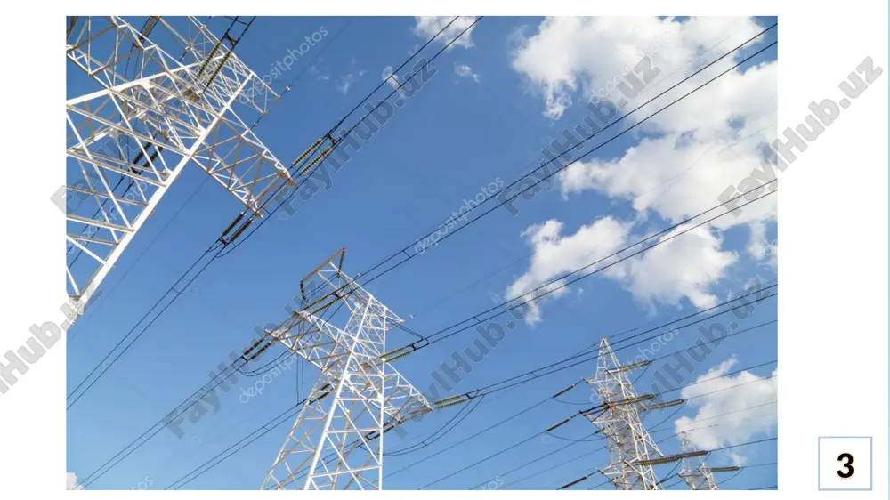 ishi 110 kv dan 35 kv yoki 6 kv li tizimning liniyasiga ulanishda 110/35 kv li, 35/10 kv li yoki 110/10 kv, 35/6 kv li pasaytirish podstansiyasiga ega bo‘lish talab etiladi (5-rasm). 25 elektr ta’minoni - pasaytiruvchi transformator podstansiyasidan 10 yoki 6 kv li elektr taqatish liniyalari iste’molchilarga tomon tortiladi. kuchlanishi 10/0,38 kv li transformator punktlarida iste’molchilarning ishchi kuchlanishi 380 v ga teng. 26 belgilanishga qarab elektr energiyasi transformatorlarda transformatsiyalanadi (kuchlanish oshiriladi, tok esa kamaytriladi yoki buning teskarisi bo‘lishi mumkin, masalan, 10/0,38 kv - kuchlanshni pasaytiruvchi (10 kv ni 0,38 kv ga) yoki 10/35 – kuchlanishni oshiruvchi (10 kv ni 35 kv ga). elektr energiyasi iste’molchiga yetib borguncha bir necha marta shu tartibda transformatsiyalanadi. buning uchun esa bir nechta transformator podstansiyalari kerak bo‘ladi. 27 elektr ta’minoni 5-rasm. kuchlanishi 35/10 kv li podstansiyaning umumiy ko‘rinishi 28 elektr ta’minoni markazlashgan tarmoqdan uzoqda joylashgan ayrim tumanlarda kichik gidroelektrostansiyalar, quyosh fotoelektrik qurilmalari kabi induvidual …
