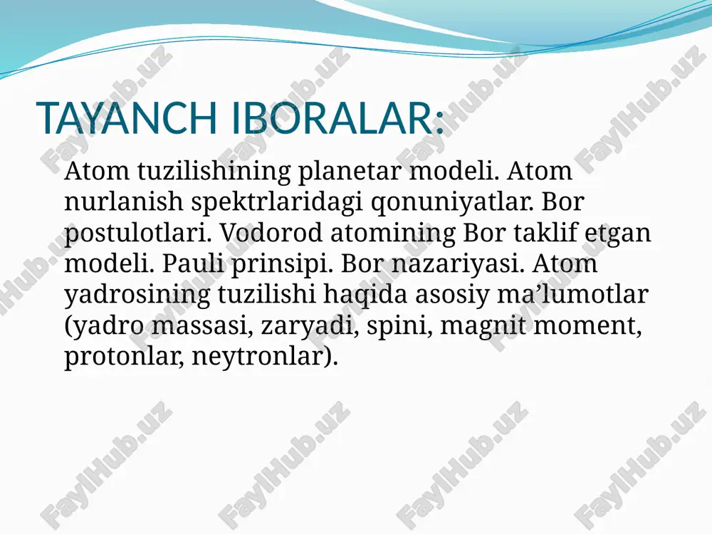 lgilanadi. atomdagi elektronlarning energetik sathlar bo’yicha taqsimlanishi. lazerlar yaratilishining boshlanishi 1916 yilga borib taqaladi. o`sha yili buyuk fizik olim a.eynshteyn birinchi bo`lib, majburiy nurlanish tushunchasini kiritdi, va nazariy yo`l bilan majburiy nurlanish uni majburlovchi nurlanishga kogerentligini (mosligini) ko`rsatadi. 1940 yilda rus fizigi v.a.fabrikant sun`iy paydo bo`lgan nurlanish elektromagnit to`lqinlarini kuchayishiga olib kelishi mumkinlagini isbotladi. 1954 yil rus olimlari n.g.basov, a.m.proxorov va ulardan behabar holda amerikalik olim ch.tauns to`lqini uzunligi 1,27sm bo`lgan mikroto`lqinli radioto`lqin generatorini (“mazer”) yaratish uchun indutsirialangan nurlanishdan foydalanib ko`rishgan. 1963 yilda n.g.baskov, a.m.proxorov va ch.tauns nobel mukofoti bilan taqdirlanishgan. 1960 yili amerikalik olim t.meyman kvant generatorining o`zgavharoq ko`rinishdagisini yararishga muvaffaq bo`ladi. yangi generatorni “lazer” deb nomlashadi. lazerning yaratilish tarixi eng oddiy lazer tuzilishi: lazerlarning faol muhiti tashqi energiya ko`zgu yarim shaffof ko`zgu lazer nuri §1.2. lazer nurlarini hosil qilish spontan nurlanish majburiy nurlanish invers bandlik damlash yorug’likni kuchaytirish. bu hodisalarning barchasi optik rezonatorlardagi aktiv muhitda amalga oshiriladi. tibbiyotda …