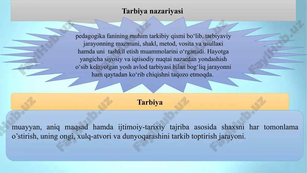 malaka, e’tiqod, shaxs sifati va xarakteri, xulq-atvor tizimi tushuniladi. tarbiyaning maqsadi - har tomonlama barkamol shaxsni shakllantirish. tarbiyaning umumiy vazifalari: jamiyat a’zolarining maqsadga yo‘naltirilgan rivojlanishi hamda ularning qator ehtiyojlarini qondirish uchun shart-sharoit yaratish jamiyat rivoji uchun zarur bo‘lgan ijtimoiy madaniyatga mos etarlicha hajmdagi “inson kapitali”ni tayyorlash madaniyatlarni uzatib turish orqali ijtimoiy hayotning barqarorligini ta’minlash ma’lum jins yoshi va ijtimoiy-kasbiy guruhlarning qiziqishlarini hisobga olgan holda ijtimoiy munosabatlar doirasida jamiyat a’zolarining harakatini tartibga solish tarbiya jarayoni o‘ziga xos xususiyatlarga ega: maqsadga yo‘naltirilganligi ko‘p qirrali jarayon uzoq muddat davom etishi uzluksizligi yaxlitligi variativligi natijalarning oldindan aniqlanmasligi ikki tomonlamalilik tarbiya qonuniyatlari - bu bir tomondan, ijtimoiy hodisa sifatida tarbiyaning xususiyatlari, ikkinchi tomondan, shaxsning rivojlanishi bilan bog‘liq bo‘lgan barqaror aloqalar. ijtimoiy muhitning ob’ektiv va sub’ektiv omillariga bog‘liqligi tarbiyaning shaxsning rivojlanishi bilan birligi va o‘zaro bog‘liqligi faoliyat va munosabatni e’tirof etish shaxsning ijtimoiy qimmatli fazilatlarini shakllantirishning negizi va asosiy manbai tarbiyalanuvchilarning o‘zaro tarbiyaviy ta’siri, o‘zaro munosabatlari …