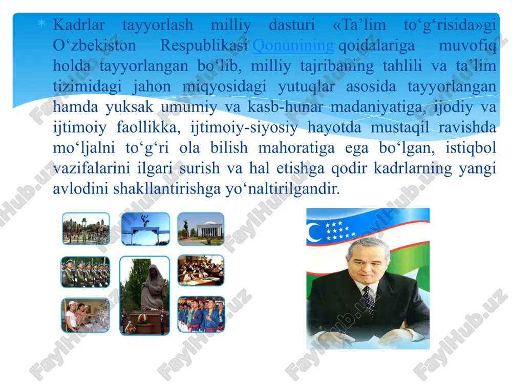 irgan kadrlarni tayyorlashning yuqori darajasi va sifatini ta’minlash; idoraviy mansubligidan qat’i nazar barcha oliy va o‘rta maxsus, kasb-hunar ta’limi muassasalari faoliyatini muvofiqlashtirish, o‘quv-pedagogik va ilmiy-uslubiy rahbarlikni amalga oshirish, mutaxassislar tayyorlash sifati, ta’lim mazmuni va darajasini davlat ta’lim standartlari va malaka talablariga mosligini ta’minlash; ta’limning yangi pedagogik texnologiyalari va o‘qitish uslublarini joriy etishning xalqaro amaliyotga muvofiq ta’lim jarayonini tashkil etish, o‘quv rejalari va fan dasturlarini takomillashtirish, o‘qitishning zamonaviy shakllari va axborot-kommunikatsiya texnologiya vositalarini joriy etgan holda o‘quv jarayonini sifat jihatidan yangilash; iqtisodiyot tarmoqlari, fan va ijtimoiy sohani rivojlantirish ehtiyojlarini hisobga olgan holda ta’lim yo‘nalishlari va mutaxassisliklarini optimallashtirish, ishlab chiqarish va boshqa korxonalarda talabalar amaliyotini tashkil etish; oliy va o‘rta maxsus, kasb-hunar ta’limining ma’naviy-axloqiy mazmunini kuchaytirish, yoshlarni mustaqillik g‘oyalariga sadoqat, milliy qadriyatlarga hurmat, insonparvarlik va yuksak ma’naviy g‘oyalar asosida vatanparvarlik ruhida tarbiyalash, yot g‘oya va mafkuralarga qarshi immunitetni mustahkamlash; iqtisodiyot tarmoqlari, fan va ijtimoiy sohani rivojlantirish ehtiyojlarini hisobga olgan holda ta’lim yo‘nalishlari …