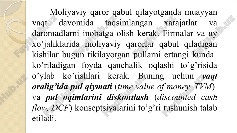 4,4736 20 1,4859 2,1911 3,2071 4,6610 6,7275 9,6463 investitsiya (omomnat) muddati va foiz stavkasi har xil bo’lganda 1 dollarning bo’lajak qiymati turli davrlar va foiz stavkalarida 1 dollarning bo’lajak qiymati misollar: 1. siz 20 yoshdasiz va 45 yil muddatga yiliga 8%ga 100 dollar qo’yishni o’ylayapsiz. 65 yosh bo’lganingizda hisobingizda qancha pulingiz bo’ladi? agar yillik foiz stavkasi 9% bo’lgan bankni topishga muvaffaq bo’lsangiz, u holda 65 yosh bo’lganingizda pullaringiz qancha bo’ladi? 1-holat: agar yillik foiz stavkasi 8 %ga teng bo’lsa, natija quyidagicha bo’ladi: fv = 100 dollar x1,0845 =3192 dollar 2-holat: agar yillik foiz stavkasi 9 %ga teng bo’lsa, natija quyidagicha bo’ladi: fv = 100 dollar x 1,0945= 4833 dollar kreditlar va omonatlar bo’yicha foiz stavkalari, odatda, yillik foiz stavkasi (annual percentage rate, apr) ko’rinishida ma’lum chastota bilan hisoblanadi, masalan, har oy. hisoblash chastotasi turlicha bo’lishi mumkin, shunday ekan foiz stavkalarini taqqoslash usulini bilish juda muhim. bu foizlar bir yilda bir …