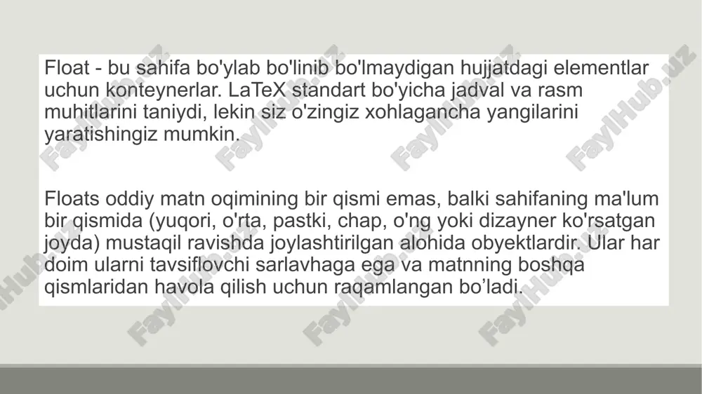 of{ }{ } buyrugʻini beradi, bu sizga sarlavhani suzuvchi mediasiz yozish imkonini beradi. siz chizmalaringiz va sarlavhalaringizning joylashishini to'liq nazorat qilasiz. imzolar har doim har qanday rasm yoki jadvalga sarlavha qo'shish tavsiya etiladi. yaxshiyamki, bu latex-da juda oson. float muhitida \caption{''text''} buyrug'idan foydalanish kifoya. latex avtomatik ravishda sahifalarni raqamlashni kuzatib boradi, shuning uchun uni sarlavha matningizga kiritishingiz shart emas. sarlavha an'anaviy ravishda suzuvchi nuqta belgisi ostida joylashtiriladi. shu bilan birga, suzuvchi elementning haqiqiy mazmunidan keyin sarlavha buyrug'ini kiritish sizga bog'liq. agar siz uni oldinroq joylashtirsangiz, sarlavha suzuvchining tepasida paydo bo'ladi. ushbu ta'sirni quyidagi misol bilan ko'rish mumkin \documentclass[a4paper,12pt]{article} \usepackage[english]{babel} \usepackage{graphicx} \begin{document} \begin{figure} \caption{a picture of a gull. }\centering \includegraphics[width=0.5\textwidth]{gull} \end{figure} \begin{figure} \centering \reflectbox{% \includegraphics[width=0.5\textwidth]{gull}} \caption{a picture of the same gull looking the other way!} \end{figure} \begin{table} \centering \begin{tabular}{| l c r |} \hline 1 & 2 & 3 \\ 4 & 5 & 6 \\ 7 & 8 & 9 …
