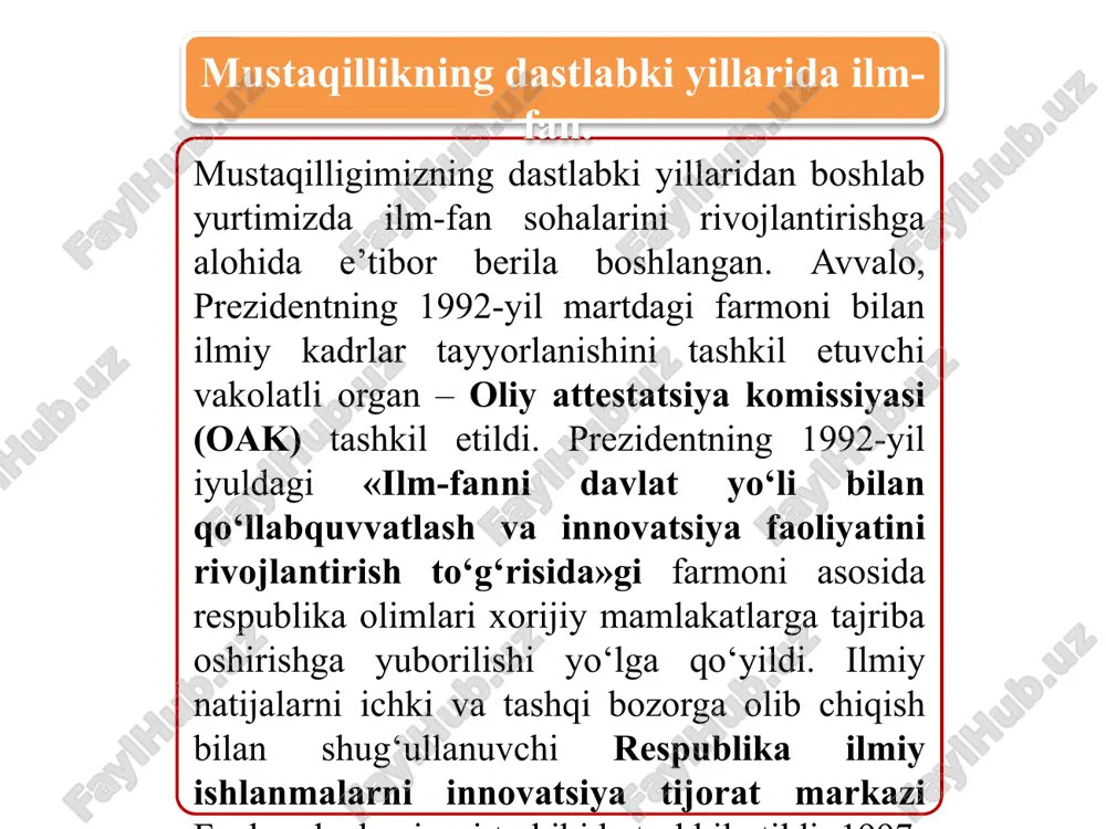 ladan, 2011-yili fanlar akademiyasining fizika-texnika institutida «qayta tiklanadigan energiya manbalari» ilmiy-o‘quv markazi, 2012-yili immunologiya institutida «biotibbiyot» ilmiy-ta’lim innovatsion markazi ish boshladi. o‘zbekiston respublikasi prezidentining 2012-yildagi «oliy malakali ilmiy va ilmiy-pedagog kadrlar tayyorlash va attestatsiyadan o‘tkazish tizimini yanada takomillashtirish to‘g‘risida»gi farmoniga muvofiq 2013- yilning 1-yanvaridan boshlab dissertatsiya himoya qilish va fan doktori ilmiy darajasini berish bo‘yicha oliy o‘quv yurtidan keyingi ta’limning bir bosqichli tizimi joriy qilindi. lekin bu tizim mavjud xalqaro ilm-fan standartlariga to‘la mos kelmaganligi, respublikadagi mavjud ilmiy salohiyatning tushib ketganligi sababli, 2017-yil fevraldan shavkat mirziyoyev tashabbusi bilan xalqaro standartlariga mos keluvchi, falsafa doktori va fan doktori darajalarini beruvchi ikki bosqichli tizimga o‘tildi. o’zbekiston tarixi 8 2016-yildan o‘zbekiston ilm-fanida tom ma’noda tub islohotlar davri boshlandi. o‘zbekiston respublikasi prezidenti shavkat mirziyoyev 2016-yil 30-dekabr kuni ilk bor mamlakatimizning yetakchi ilm-fan namoyandalari bilan uchrashdi. uchrashuv natijalariga ko‘ra, o‘zbekistonda ilm-fanga e’tibor yanada kuchayishi belgilandi. prezidentning 2017-yil 17-fevraldagi «fanlar akademiyasi faoliyati, ilmiytadqiqot ishlarini tashkil etish, …