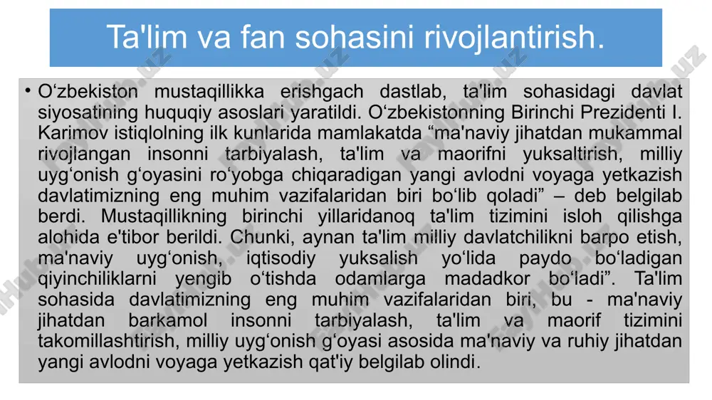 agi "umumiy o‘rta va o‘rta maxsus, kasb-hunar ta'limining davlat ta'lim standartlarini tasdiqlash to‘g‘risida"gi qarorlari o‘qitish tizimini yangi bosqichga ko‘tarishga imkon yaratadi. ushbu qarorlarga ko‘ra, umumiy o‘rta ta'lim tizimiga qator o‘zgartirishlar kiritildi. jumladan, umumiy o‘rta ta'lim maktablarining turlari belgilandi. davolash profilaktika maskanlarida statsionar sharoitda uzoq vaqt davolanishga muhtoj bolalarga bevosita muassasaning o‘zida umumiy o‘rta ta'lim berish tashkil etiladi. biroq, 2020 yilga kelib, o‘zbekiston respublikasining «ta'lim to‘g‘risida»gi qonuni va uning mazmunida ilgari surilgan g‘oyalarning amaliyotga tadbiqi tahlil etilganda bu borada muayyan kamchiliklarga yo‘l qo‘yilganligi aniqlandi. prezidentimiz sh.m.mirziyoyev tomonidan “ta'lim to‘g‘risida”gi qonuni tubdan yangi ko‘rinishda 2020 yil 23 sentyabrda imzolanib, qabul qilindi. qonunga muvofiq, ta'lim turlari quyidagilardan iborat qilib belgilandi: • maktabgacha ta'lim va tarbiya; • umumiy o‘rta va o‘rta maxsus ta'lim; • professional ta'lim; • oliy ta'lim; • oliy ta'limdan keyingi ta'lim; • kadrlarni qayta tayyorlash va ularning malakasini oshirish; • maktabdan tashqari ta'lim. shuningdek, mazkur qonun bilan, 1997 yil 29 avgustdagi …