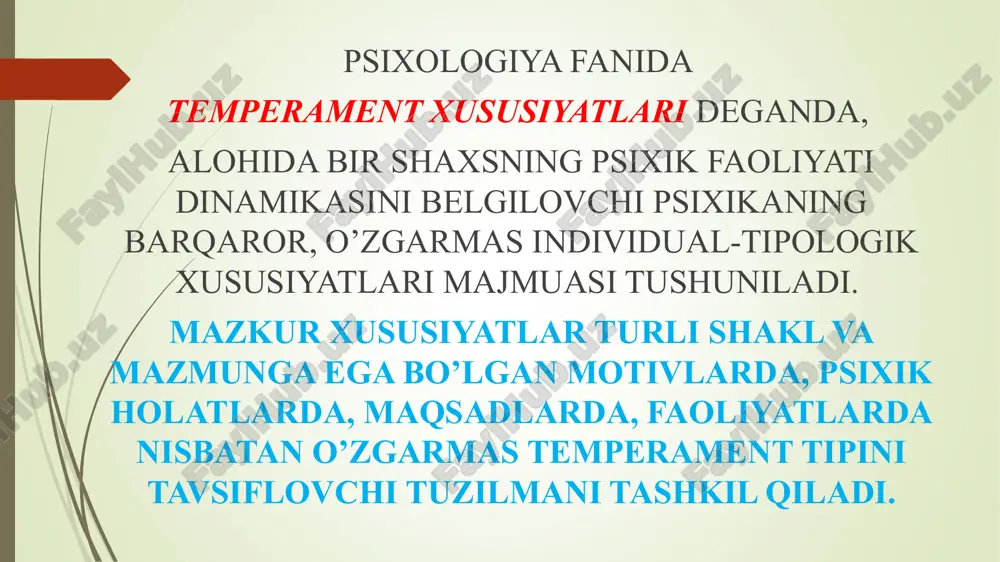 ari temperament tiplari nerv sistemasining kuchi nerv tizimining muvozanati nerv tizimining ildamligi xolerik kuchli jo'shqin muvozanatsiz qizg’in serharakat sangvinik kuchli serharakat muvozanatli serharakat flegmatik kuchli vazmin muvozanatli inert (sust) melanxolik kuchsiz muvozanatsiz tormozli serharakat yoki inert 1.senzitivlik (lotincha sensus - sezish, his qilish degan ma'no anglatadi). senzitivlik yuzasidan insonda birorta psixik reaksiyani hosil qilish uchun zarur bo’lgan o’ta kuchsiz tashqi taassurot kuchiga qarab mulohaza yuritiladi, jumladan, sezgilarning paydo bo’lishi uchun kerak qo’zg’ovchining ozgina kuchi (ularning quyi chegarasi), ehtiyojlar qondirilmasligining sezilar-sezilmas darajasi (shaxsga ruhiy azob beruvchi) mujassamlashadi. 2.reaktivlik. bu to’g’rida aynan bir xil kuch bilan ta'sir etuvchi tashqi va ichki taassurotlarga shaxs qanday kuch bilan emosional reaksiya qilishiga qarab munosabat bildiriladi. reaktivlikning yorqin ro’yobga chiqishi-emosionallik, ta'sirlanuvchanlikda ifodalanishidir. 3.faollik. bu borada inson qanday faollik darajasi bilan tashqi olamga ta'sir etishi va maqsadlarni amalga oshirishda ob'ektiv hamda sub'ektiv qarama-qarshiliklarni faollik bilan engishga qarab fikr yuritiladi. 4.reaktivlik bilan faollikning o’zaro munosabati. odamning faoliyati ko’p …
