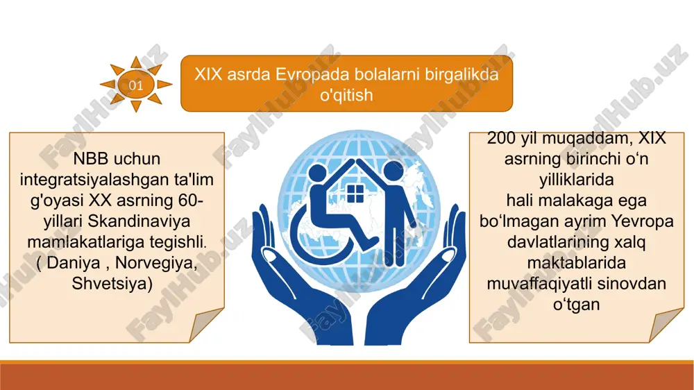 shimcha yordam olish muntazam va qo'shimcha dasturlarni birlashtirish imkoni (maktabda yoki maktabdan tashqarida) nbb maxsus sinfda o'qitish + umumiy ta'lim dasturining ayrim fanlarini tengdoshlari bilan birgalikda o'rganish. ta'lim maxsus sinfda va maxsus dastur bo'yicha + bola maktab miqyosidagi va bo'sh vaqt tadbirlarida ishtirok etadi !!! 1994- yilda yunesko tashabbusi bilan alohida ehtiyojli shaxslar ta'limi bo'yicha butunjahon konferensiyasi bo'lib o'tdi, unda inklyuziv ta'lim tamoyili e'lon qilindi. italiya 1971 sinov uchun hudud sinf rahbarini qo'llab-quvvatlash jamoasi mas'uliyatni ajratish jamiyat ma'rifati xarizmatik liderlarga ega 1977 sinfdagi bolalarning maksimal soni 20 nafar; sinfdagi rivojlanishida nuqsoni bo'lgan bolalarning maksimal soni - 2 ta; sinfda alohida ehtiyojli bolalarni qo'llab-quvvatlash uchun maxsus tadbirlar qo`shiladi; maxsus dasturlarga jalb qilingan sinflar kamaytiriladi; maxsus o'qituvchilar oddiy maktab o'qituvchilari bilan jamoalarga birlashtiriladi; ikkala toifadagi o'qituvchilar sinfdagi barcha o'quvchilar bilan muloqot qiladilar. maktabga qatnaydigan nogiron o'quvchilarni uchta asosiy guruhga bo'lish mumkin: 1 o'qish oxirida muntazam diplom oladigan, lekin o'quv dasturini sinfdoshlari bilan …