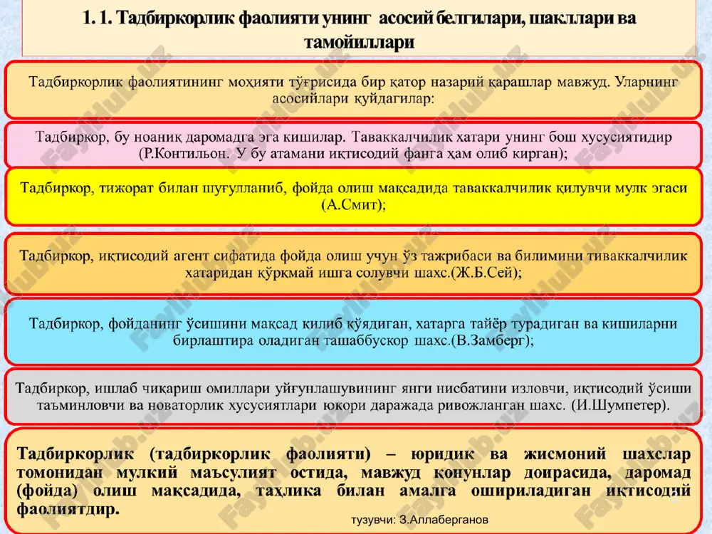 иятга, бошқалар фаолиятига мослаштириш талаб қилинади. ана шу фаолиятларни бошқариш менежмент деб юритилади. ҳозирги пайтда менежмент ўта мураккаб ва масъул иш бўлганидан, уни бажариш махсус билим ва махорат, тажрибани талаб қиладиган касбга айланди. шу касб эгалари менежер дейилади. бошкариш принциплари (фр.файол) ташкил қилиш (моддий ва ижтимоий томонларни); идора қилиш (ходимларни); мувофиклаштириш (куч ва фаолиятни боғлаш); назорат қилиш (барча ишлар аниқ топширик, буюртма асосида олиб борилишини кузатиш). тузувчи: з.аллаберганов тузувчи: з.аллаберганов * * маркетинг – истиқболни кўзлаб, бозорни хар томонлама ўрганиш. маркетингнинг вазифалари бозорни ўрганиш; рақобат курашининг шакли ва усулларини белгилаш; корхона фаолиятини тахлил қилиш; маркетинг сиёсатини ишлаб чиқиш; бозорни сегментлаштириш; рекламани ташкил этиш. тузувчи: з.аллаберганов тузувчи: з.аллаберганов * реклама – корхона, товар ва хизматлар хакида чиройли, кискача ва нафис расмийлаштирилган маълумотларни чиройли ифодалаш оркали харидорларга етказишга каратилган тадбирлар тизими. рекламанинг вазифалари корхона имиджини яратиш; жорий сотиш хажмини купайтириш; харидорга нима сотиб олишни зарурлигини хал килишда ёрдамлашиш; мижозларни жалб килиш ва …