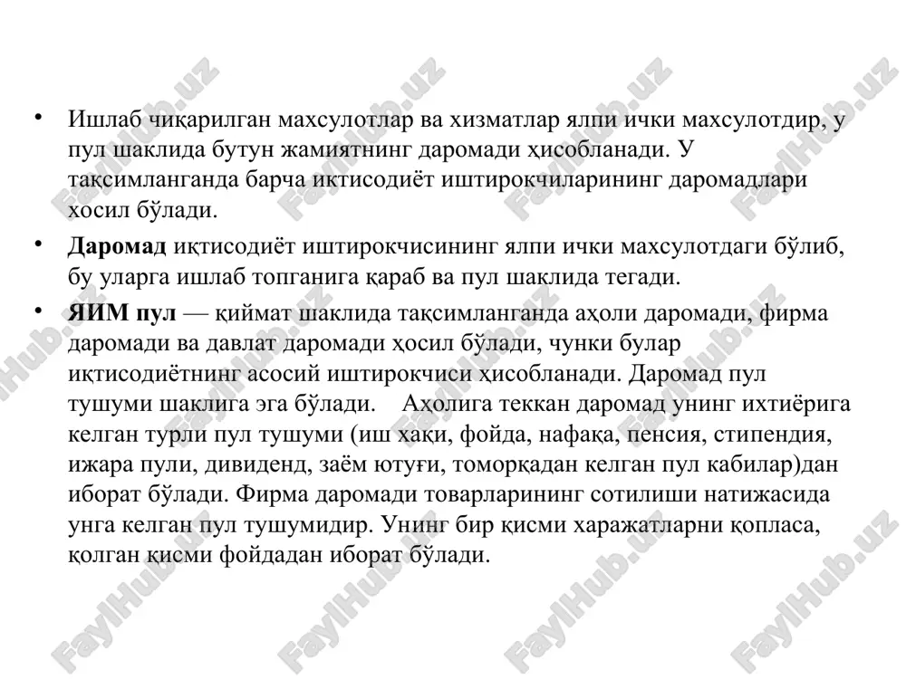 фойданинг бешта кўрсаткичлари - маҳсулотни сотишдан олинган ялпи фойда - бу сотишдан олинган соф тушум билан сотилган маҳсулотнинг ишлаб чиқариш таннархи ўртасидаги тафовут кўринишида бўлади: яф=сст-ит бунда, яф - ялпи фойда сст - сотишдан олинган соф тушум; ит - сотилган маҳсулотнинг ишлб чиқариш таннархи. - асосий фаолиятдан кўрилган фойда - бу маҳсулотни сотишдан олинган ялпи фойда билан давр харажатлари ўртасидаги тафовут ва плюс асосий фаолиятдан кўрилган бошқа даромадлар ёки минус бошқа зарарлар кўринишида бўлади: афф=яф-дх+бд-бз афф - асосий фаолиятдан олинган фойда; дх - давр харажатлари; бд - асосий фаолиятдан олинган бошқа даромадлар; бз - асосий фаолиятдан кўрилган бошқа зарарлар. - умумхўжалик фаолиятидан олинган фойда - бу асосий фаолятдан олинган фойда суммаси плюс молиявий фаолиятдан кўрилган даромадлар ва минус харажатлар кўринишида бўлади: уф=афф+мд-мх уф - умумхўжалик фаолиятдан олинган фойда; мд - молиявий фаолиятдан олинган даромадлар мх - молиявий фаолият харажатлари. - солиқ тўлангунгача олинган фойда - бу умумхўжалик фаолиятидан олинган фойда …