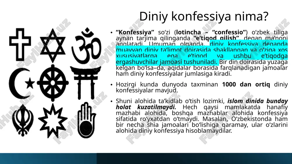 uqaddas kitoblarda bayon etilgan. lamaizmda yo’nalishning oliy rahnamosi dalay lama tug’ilgan mavjudotlarning eng ulug’i deb hisoblanadi. dalay-lama (“dengizday ulug’ lama”) unvoni 1391-yilda joriy qilingan. birinchi dalay-lama binduidub (1391-1475) bo’lgan. bugungi kunda shakllangan dinlar doirasida muayyan o‘ziga xosliklarga ega bo‘lgan yangi yo‘nalish va sektalarning paydo bo‘lishi davom etmoqda. masalan, mutaxassislar ma’lumotlariga ko‘ra, xx asrning ikkinchi yarmida xristianlik, buddaviylik, islom va boshqa dinlar doirasida yuzlab sektalar paydo bo‘lgan. bu jarayonlar kelajakda ham davom etishi mumkinligini taxmin qilish mumkin. sekta tushunchasi sekta so‘zi, eng umumiy ma’noda, muayyan diniy, siyosiy yoki falsafiy qarashlarga ergashuvchilar guruhini anglatadi. diniy sekta deganda ma’lum bir dindagi rasmiy aqidalarga zid ravishda ajralib chiqqan yoki mavjud dinlar va konfessiyalarga umuman aloqasi bo‘lmagan holda din bayrog‘i ostida faoliyat ko‘rsatadigan guruhlar tushuniladi. bugungi kunda har ikkala yo‘nalishga mansub bo‘lgan ko‘plab sektalar faoliyat ko‘rsatmoqda. mutaxassislar ularning sonini taxminan 5000 atrofida, deb baholaydilar. zamonaviy diniy sektalar xix asr o‘rtalari xx asr boshlariga kelib yevropa, …