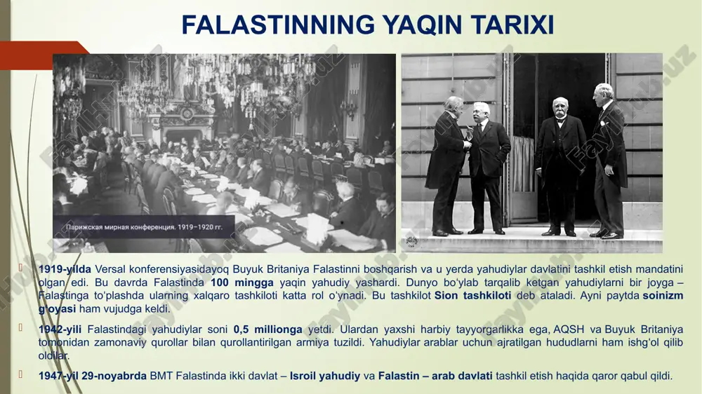 chiqarishgan . mil.av . 586-yilda novoxodonnosor boshchiligidagi bobilliklar qoʻshini yahudiyani magʻlub etgan va u yerdagi aholi bobilga koʻchirilgan . mil.av . 539-yilda forslar bobilni egallab , yahudiylarning falastinga qaytishiga ruxsat berganlar . mil.av . 333-yilda aleksandr makedonskiy forsni zabt etib , falastinda yunon hukmronligini oʻrnatgan . mil.av . 323-yilda aleksandr vafot etganidan keyin , misr ptolomeylari va suriyadagi salavkiylar galma -gal falastin ustidan hukmronlik oʻrnatganlar . salavkiylar imperiyasi falastin aholisiga ellin ( yunon ) madaniyati va dinini majburan qabul qildirishga urinib koʻrishgan . mil.av . 165-yilda makkabiylar salavkiylar hukmdori antiox ibifanga qarshi isyon qilgan va mustaqil yahudiy davlatini barpo etgan . mil.av . 63-yilda falastin rim imperiyasiga qoʻshib olingan . falastinning yaqin tarixi 1919-yilda versal konferensiyasidayoq buyuk britaniya falastinni boshqarish va u yerda yahudiylar davlatini tashkil etish mandatini olgan edi . bu davrda falastinda 100 mingga yaqin yahudiy yashardi . dunyo boʻylab tarqalib ketgan yahudiylarni bir joyga – falastinga toʻplashda …
