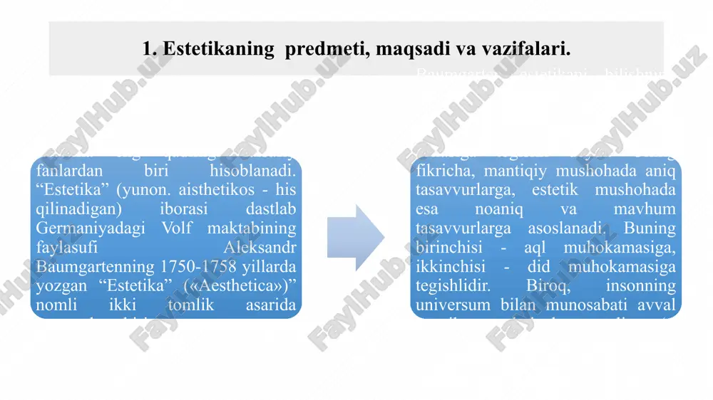 uloqotda estetik munosabatni to‘g‘ri yo‘naltirish, sog‘lom turmush tarzi bilan bog‘liq jarayonlarning estetik xususiyatlarini to‘laqonli aks ettirish va ilmiy asoslash yoshlarda estetik boy dunyoqarashni hosil qilish, ularning estetik madaniyatini va ijodiy fikrlashlarini shakllantirish estetika fan sifatida ilmiy, ma’rifiy, badiiy taraqqiyotning o‘ziga xos muammolari doirasida bahs yuritadi, tahlil qiladi, o‘rganadi va o‘rgatadi. dunyoqarashni shakllantirish funksiyasi bilish funksiyasi metodologik funksiyasi yaratuvchanlik funksiyasi estetikaning eng asosiy funksiyalari estetika tamoyillari uyg‘unlik yaxlitlik ifodalilik maqsadga muvofiqlik estetika qonunlari estetik faoliyat qonuni badiiy ijod qonuni badiiy jarayon qonuni badiiy idrok qonuni estetik idrok qonuni estetik ongning elementlari estetik his-tuyg‘u estetik did estetik baho estetik ideal yoki estetik orzu estetik nazariya (qаrаshlаr, tа`limоtlаr vа konsepsiyalar) estetik his-tuyg‘u. estetik his-tuyg‘u — insonning voqelikka, kishilarga, o‘z faoliyatiga nisbatan munosabatdir. bu tuyg‘u bizni o‘rab turgan voqelikni estetik jihatdan his etish qobiliyatidir, uning go‘zalligini, uyg‘unligini sezishdir. estetik did. estetik did voqea- hodisalarning estetik sifatlarini inson tomonidan idrok etmoq va baholamoq jarayonida olinadigan …