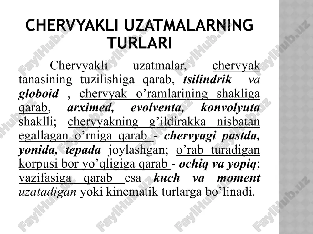аклари бўлган узатма планетар узатма дейилади. одатда, бундай узатма марказий ғилдирак а, унинг атрофида водила н воситасида ўз ўқи билан бирга ҳаракатланадиган ғилдирак-сателлит г ҳамда асосий ғилдирак б дан тузилган бўлади. сателлитларнинг марказий ғилдирак атрофидаги ҳаракати планеталар ҳаракатига ўхшаш бўлганлигидан, бундай узатмалар планетар узатмалар дейилади. планетар узатмалар планетар узатмалар агар узатмадаги ҳамма ғилдираклар қўзғалувчан бўлса, б нинг ҳаракатини а ва н га ёки а ва н нинг ҳаракатини б га узатиш мумкин, яъни планетар узатмаларда икки вал ҳаракатини битта валга ва, аксинча, бир вал ҳаракатини икки валга тақсимлаб узатиш имконияти мавжуд. планетар узатмаларнинг бундай хили дифференциал узатма дейилади. бундай узатмаларнинг афзаллиги шундаки, уларнинг оғирлиги нисбатан кам бўлиб, анча ихчамдир. планетар узатмаларнинг афзалликлари сателлитлар сони 1 дан 72 тагача бўлиб, узатилаётган қувват улар орасида тақсимланади; натижада ҳар бир тишга тушадиган юкланиш бир неча марта камаяди; узатиш сонининг катта бўлганлиги кўп поғонали узатмалар ишлатишдан воз кечишга имкон беради; узатманинг таркибида, кўпинча ички …