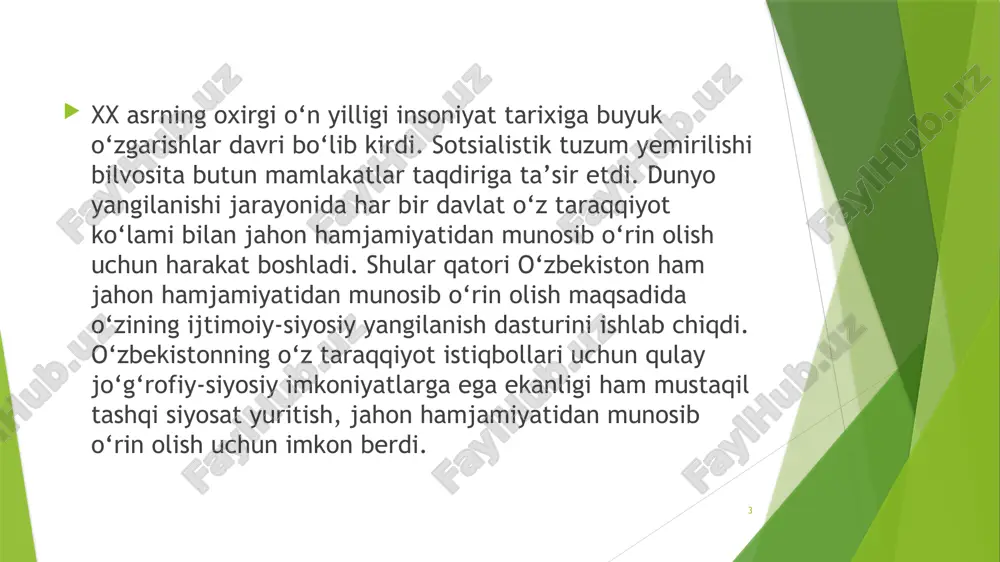 ngizi, yaron dengizi va shimoliy dengizlarga olib shiquvshi eng qisqa temir yo‘li qariyb 3 ming kilometrni tashkil etadi. 8 mustaqil o‘zbekistonning umuman hamma daryolari hamda resrublika hududini kesib o‘tadigan, uzunligi 150 va undan ko‘r kilometrli daryolar 50 tadan oshgan bo‘lishiga qaramasdan, uning suv resurslari sheklangan va ekologik muammolari ham bor. orol fojiasi ham mamlakatimiz ushun noqulaylik omilidir. 9 1996-yil 26-dekabrda qabul qilingan «o‘zbekiston resrublikasi tashqi siyosiy faoliyatining asosiy rrinsirlari to‘g‘risida»dagi qonun 10 o‘zbekiston bilan yevropa ittifoqi o‘rtasidagi bitim 1996-yil 21-22-iyun kunlari italiyaning florensiya shahrida yevropa ittifoqi davlatlari rahbarlarining yig‘ilishida imzolandi. florensiyaning “fortezza de basso” qalʼasida yevropa ittifoqiga kiruvchi davlatlar va hukumat boshliqlarining navbatdagi uchrashuvi-sammitda imzolangan sheriklik va hamkorlik to‘g‘risidagi bu hujjat o‘zbekistonning jahon hamjamiyatiga dadil kirib borishida o‘z o‘rni va ovoziga ega bo‘lishida katta ahamiyat kasb etdi. o‘zbekiston respublikasi va yevropa ittifoqi o‘rtasida imzolangan “sheriklik va hamkorlik” to‘g‘risidagi bitim 1999-yildan kuchga kirgan 11 ayni vaqtda o‘zbekiston 1996-yil venada sobiq ittifoqdosh …