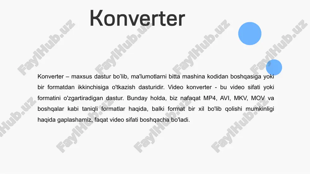 ish uchun foydalaniladi: video konvertorlarni qo'llash maqsadi formatni o'zgartirish: video fayllarni bir formatdan boshqa formatga o'zgartirish uchun video konvertorlardan foydalanish mumkin. misol uchun, bir faylni mp4 formatidan avi formatiga o'zgartirish. kichiklashtirish: videolarni kichiklashtirish, hajmini kamaytirish va qulaylikni oshirish uchun video konvertorlar qo'llaniladi. bu, videolarini internetga yuklab yuborish va qurilma uchun ko'proq joy olish uchun yaxshi bo'ladi. video o'lchamini o'zgartirish: videoni katta ekranda ko'rsatish uchun o'lchamini o'zgartirish. misol uchun, videoni telefoningizga mos keladigan kichik o'lchamda ko'rish uchun o'lchamini o'zgartirishingiz mumkin. sifatni oshirish: video sifatini o'zgartirish, masalan, videoni qulaylik va sifatini oshirish, rivojlantirish, tashqi subtitrlar qo'shish va boshqa tahrirlashlar uchun video konvertorlardan foydalanishingiz mumkin. formatni ko'paytirish: ma'lum bir formatdagi videolarni ko'paytirish uchun video konvertorlardan foydalanishingiz mumkin. bu, ko'rsatuvlar, prezentatsiyalar yoki saytlar uchun yaxshi bo'ladi. internetga joylashtirish: videolarni veb-saytlarga yoki onlayn video platformalarga joylashtirish uchun ma'lum bir formatga o'zgartirish. video konvertorlarning foydalanish qobiliyatlari quyidagi narsalarga bog'liq bo'ladi: qo'shni orqali o'zgartirish: biron bir formatdan …
