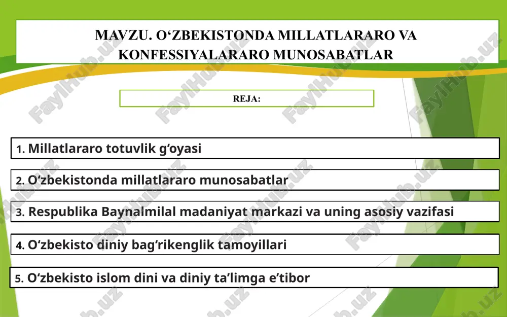 slar, nemislar, turklar, polyaklar, greklar, qrim-tatar va boshqa millat vakillari o‘zbekistonni vatan tutdilar o‘zbekistonda ta’lim 7 tilda olib boriladi. bular sirasiga o‘zbek va qoraqalpoq tillaridan tashqari rus, qozoq, turkman, tojik va qirg‘iz tillarini kiritish mumkin. teleradio ko‘rsatuv va eshittirishlar 12 tilda efirga uzatilmoqda, gazeta va jurnallar 10 dan ortiq tillarda chop etilmoqda bugun respublika hududida yashovchi 130 dan ortiq millat va elat vakillari uchun o‘zbekiston konstitutsiyasi millatlararo totuvlikni mustahkamlash, barqarorlik va taraqqiyotni ta’minlashning kafolati bo‘lib xizmat qilmoqda yunesko 1995-yil parijda «bag‘rikenglik tamoyillari deklaratsiyasi»ni qabul qildi. birlashgan millatlar tashkiloti esa har yilning 16-noyabrini «xalqaro bag‘rikenglik kuni» deb e’lon qildi. 2017-yil 19-mayda o‘zbekiston respublikasi prezidentining «millatlararo munosabatlar va xorijiy mamlakatlar bilan do‘stlik aloqalarini yanada takomillashtirish chora-tadbirlari to‘g‘risida»gi farmoni qabul qilindi sssr davrida o‘zbekistonda 89 masjid, 2 ta madrasa bo‘lgan, 2017-yilga qadar esa 2033 ta masjid, islom universiteti, islom instituti, 16 ta diniy konfessiyalar faoliyat yuritib keld o‘zbekiston aholisining 88 foizi islom diniga, …