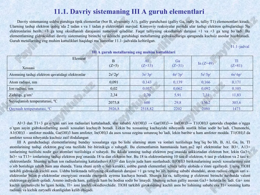 alash holda uchraydi. xuddi germaniy kabi galliy ham tosh ko`mir tarkibida bo`ladi. indiy tarqoq elementlar jumlasiga kiradi. uning tabiatda bironta ham minerali mavjudligi aniqlanmagan. tug`ma holatda ham uchramaydi. u turli (sfalerit zns, siderit feco3, volframit, kolchedan va boshqa) minerallarga aralashgan holda uchraydi. talliy juda tarqoq element. uning minerallari qo`rg`oshin, rux, surma, mis, temir rudalari bilan birgalikda, ba`zan kadmiy tuzlari va slyudalar bilan birga uchraydi. tabiatda talliyning lorandit tlass2, krukezit – (cu,ag,tl)2se kabi minerallari borligi ma`lum. 1956 yilda o`zbekistonda topilgan yangi mineral avitsennit 3t12o3∙2fe2o3 (bu mineral o`zbekistonda topilganligi uchun mashhur o`zbek olimi abu ali ibn sino nomiga qo`yilgan). uning tarkibidan 79,52% t12o3 bor. 11.3. alyuminiyning xossalari va birikmalarining qurilishda ishlatilishi qurilishda ishlatilishi. alyuminiy qurilish sohasida eng ko`p ishlatiladigan rangli metall hisoblanadi. u yuqori mustahkamlikka, plastiklikka ega bo`lib, korroziyaga chidamlidir. alyuminiyning yengilligi va boshqa rangli metallar bilan qotishmalar hosil qilishi mumkinligi uning muhim xossalaridir. rangli metallar va qotishmalardan kimyoviy muhitlarga chidamli bo`lgan …