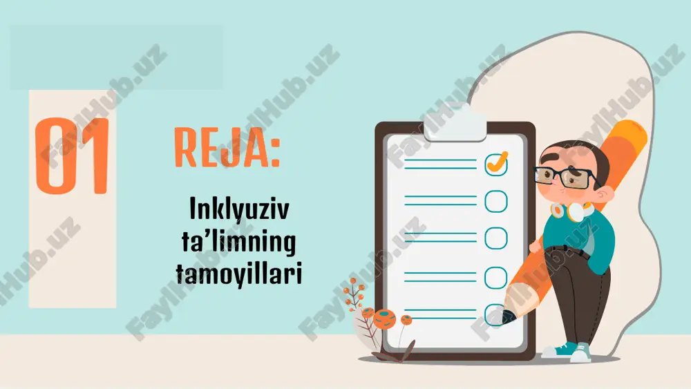 lishga o‘rgatadi sog‘lom bolalar inklyuziv ta’limda mehr muruvvatli va sahovatli bo‘lishga o‘rganadilar sog‘lom bolalar inklyuziv ta’limda bag‘rikeng va sabrli bo‘lishga o‘rgadilar 02 01 umumtali’m maxsus xususiy ixtisoslashtirilgan davlat ta’lim muassasalari inklyuziv ta’limning imkoniyatlari nogironligi bo‘lgan bolalarning ota-onalariga: nogironligi bo‘lgan bolalarning ota-onalari endilikda keng tanlovga egalar! nogironligi bo‘lgan bolalarni inklyuziv ta’limga moslashish jarayoni “ eslatma 04 o‘zres vm 638-son “alohida ta’lim ehtiyojlari bo‘lgan bolalarga ta’lim berishga oid normativ-huquqiy hujjatlarni tasdiqlash to‘g‘risida”gi qaror asosida inklyuziv ta’limni targ‘ib va tashkil etish tartibi belgilanadi. inklyuziv ta’lim maktablarida alohida ta’lim ehtiyojlari bo‘lgan bolalar 2 ko‘rinishdagi ta’lim shaklida ta’lim olishlari mumkin bo‘ladi inklyuziv ta’lim sinflari 1 boshshlang‘ich tayanch korreksion sinflari 2 inklyuziv ta’lim jarayoniga jalb etish yashash hududida bo‘lgan bolalar jalb etilishlari mumkin hududiy nogironligi bo‘lgan bola toifalariga ko‘ra 638-son qaror asosida umumta’lim maktablariga qabul qilinadi talab asosida agar ota-onalri umumta’lim maktablarida farzandlarini ta’lim olishlarini istasa nuqson darajasi inklyuziv ta’lim sinflari va boshlang‘ich tayanch korreksion sinflarga …