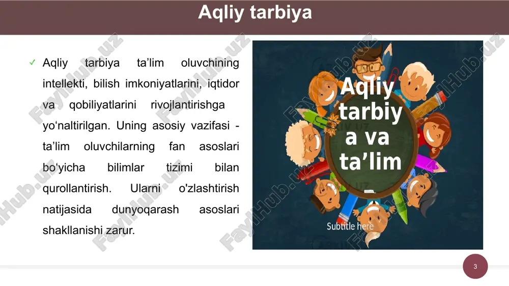 morfologik va funksional rivojlanishini jamiyat talablari darajasida amalga oshirish, jismoniy sifatlarni, qobiliyatlarni rivojlantirish, jismoniy madaniyat va sport sohasiga taalluqli maxsus bilimlarni o‘zlashtirib olish tushuniladi. jismoniy tarbiya - o’quvchilarning jismoniy va sportga oid faoliyatlarini maqsadga yo‘naltirilgan, aniq tashkil etiladigan va rejali tarzda amalga oshirish tizimi. ‹#› estetik tarbiya - o’quvchilarda estetik his-tuyg‘u, estetik ong va munosabatni shakllantirishga qaratilgan tarbiyaning alohida shakli. estetik tarbiya - bu estetik jihatdan rivojlangan va ijodiy faol bo'lgan inson shaxsini shakllantirish jarayoni. estetik tarbiya insonparvar mohiyatga, estetik orzuga mos keladigan voqelikni idrok etish, baholash va nafosat qonunlari asosida qayta yaratishga qodir bo'lgan inson shaxsini shakllantirishga mo‘ljallangan tarbiya sohasidir. estetik tarbiyaning maqsadi: o’quvchilarda shaxsning har tomonlama rivojlanishi uchun zarur bo'lgan axloqiy-estetik, insonparvarlik ideallarini, go'zallikni ko'ra olish, his qilish, tushunish va yaratish ko'nikmalarini shakllantirish. ‹#› “ekologiya” tushunchasi ilk bor nemis zoologi e.gekkel tomonidan qo‘llanilgan. ekologik tarbiya ijtimoiy tarbiyaning muhim tarkibiy qismi hisoblanadi. ekologik tarbiya (grekcha “oikos” -joy, makon, “logos” …