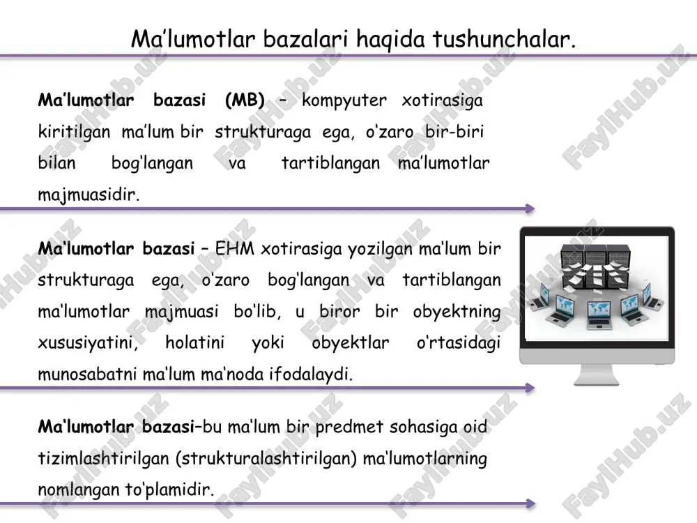 h xil ko’rinishda ifodalash mumkin: ierarxik (shjaraviy) ma’lumotlarni daraxtsimon joylashishiga ma’lumotlarni ierarxik modeli deyiladi. ma’lumotlarni ierarxik modeliga mos holda yaratilgan ma’lumotlar bazasiga ma’lumotlarning ierarxik bazasi deyiladi. ma’lumotlarni turlari va tuzilishi 2 tarmoqli bir pog’onadagi ma’lumotning boshqa pog’onadagi ma’lumot bilan ikki yoki undan ortiq marta bog’lanadigan turiga ma’lumotlarning tarmoqli modeli deyiladi. ma’lumotlarning tarmoqli tizimini yaratish va undan foydalanish uchun yaratilgan tizimga ma’lumotlar bazasini boshqarishning tarmoqli tizimi deyiladi. 3 relyasion (jadvalli) ma’lumotlarni turlari va tuzilishi ma’lumotlarni jadval ko’rinishida saqlanishiga ma’lumotlarning relyasion modeli deyiladi. ma’lumotlarning relyasion modeliga mos holda yaratilgan ma’lumotlar bazasigama’lumotlarning relyasion bazasi deyiladi. mobtning asosiy xususiyatlari – bu nafaqat ma’lumotlarni kiritish va saqlashda ishlatiladigan protseduralar tarkibi bo‘lmasdan, ularning strukturasini ham tasvirlaydi. ma’lumotlarni o‘zida saqlab va mobt ostida boshqariladigan fayl oldin ma’lumotlar banki, keyinchalik esa “ma’lumotlar ombori” deb yuritila boshlanadi. mo yaratishda quyidagilarga e’tibor qaratish kerak: ma’lumotlar turi, ko‘rinishi ularni qo‘llaydigan dasturlarga bog‘liq bo‘lmasligi lozim; ma’lumotlar ombordagi kerakli ma’lumotni bilish yoki izlash …